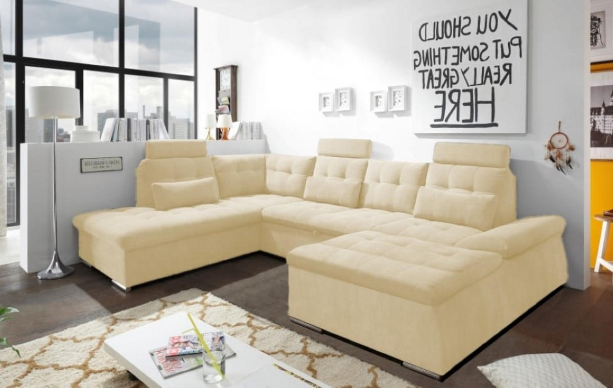 WOHNLANDSCHAFT mit Schlaffunktion, Bettkasten, Armlehnfunktion und verstellbaren Kopfstützen - Chromfarben/Beige, Textil (324/103/219cm) - ed exciting design