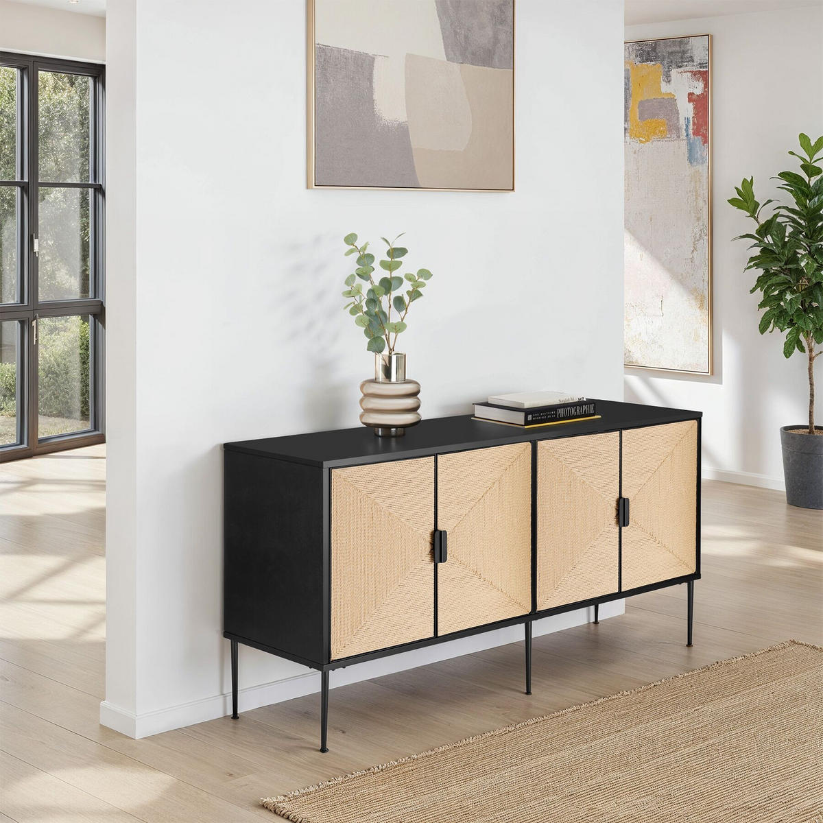 SIDEBOARD Juna,150 x 47 x 77 cm, höhenverstellbare Füße,schwarz/braun - Schwarz/Braun, Holz (150/77/47cm) - tectake