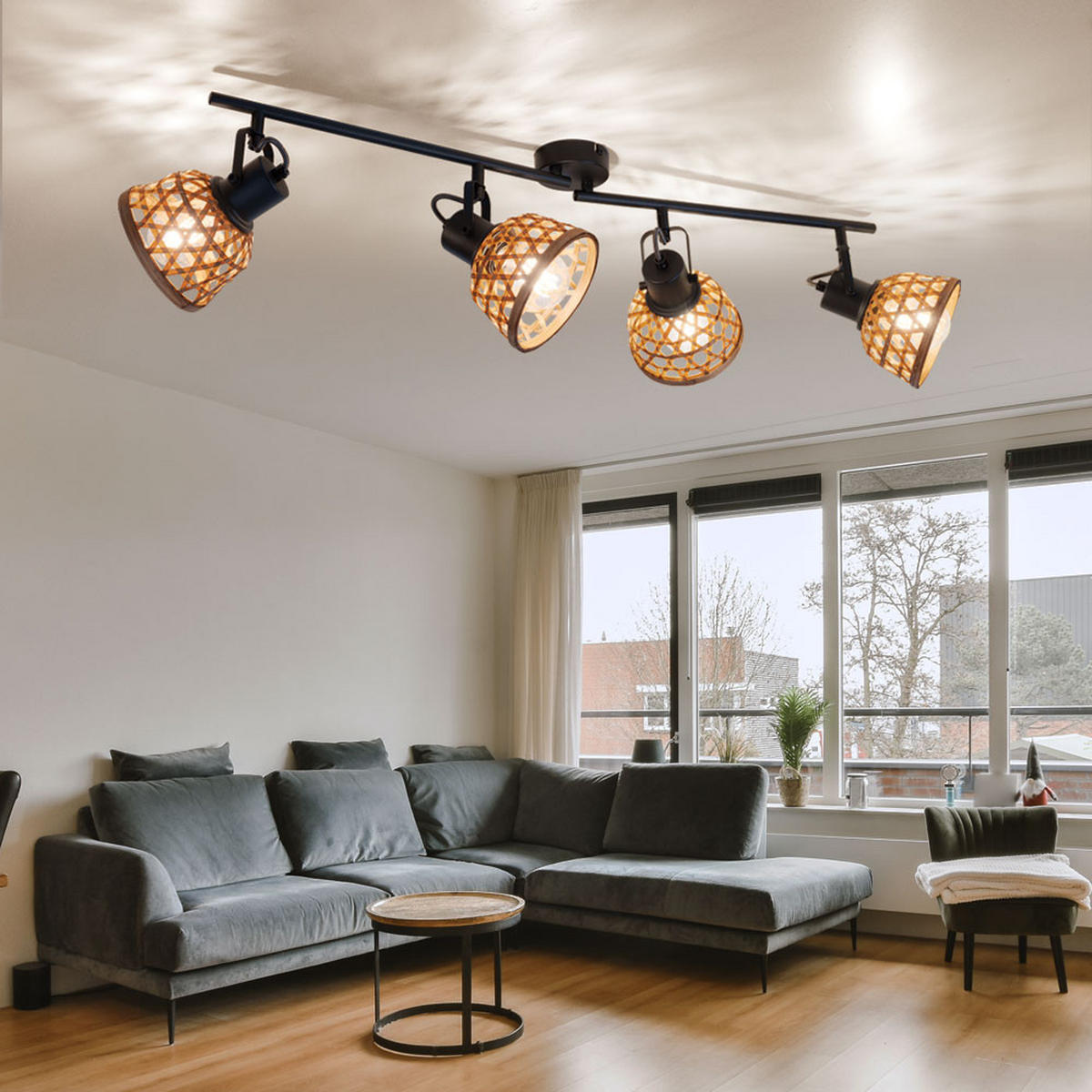 DECKENLEUCHTE Metall Bambus Schwarz WENNA - Braun, Holz (80/13/19cm) - Globo Lighting