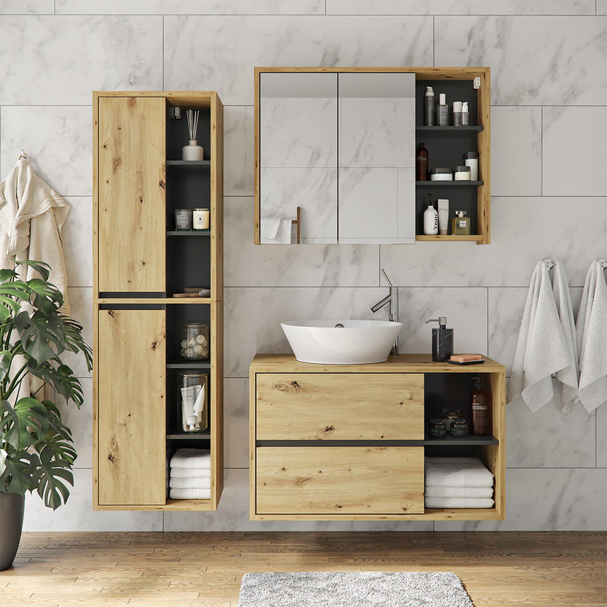 WASCHBECKENUNTERSCHRANK Viola Artisan-Eiche 100 x 60 cm - Eichefarben/Anthrazit, Holzwerkstoff (100/60/45.5cm) - Vicco