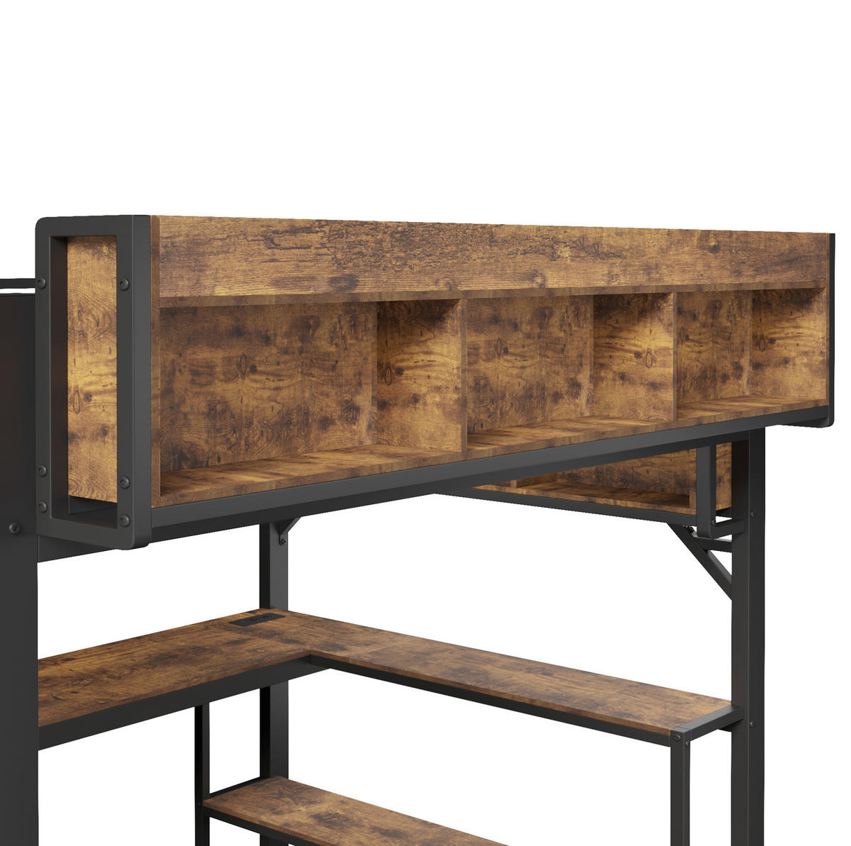 HOCHBETT 140/200 cm Vintage Braun-Schwarz mit Eckschreibtisch, LED, USB ohne Matratze - Schwarz, Holzwerkstoff (140/200cm) - MIVRAY