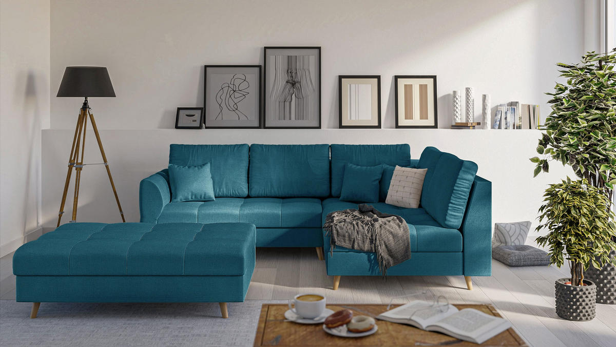 ECKSOFA MIT HOCKER Lorine Mikrofaser Blau - Blau/Hellbraun, Buchenholz/Textil (231/161cm) - S-Style Möbel