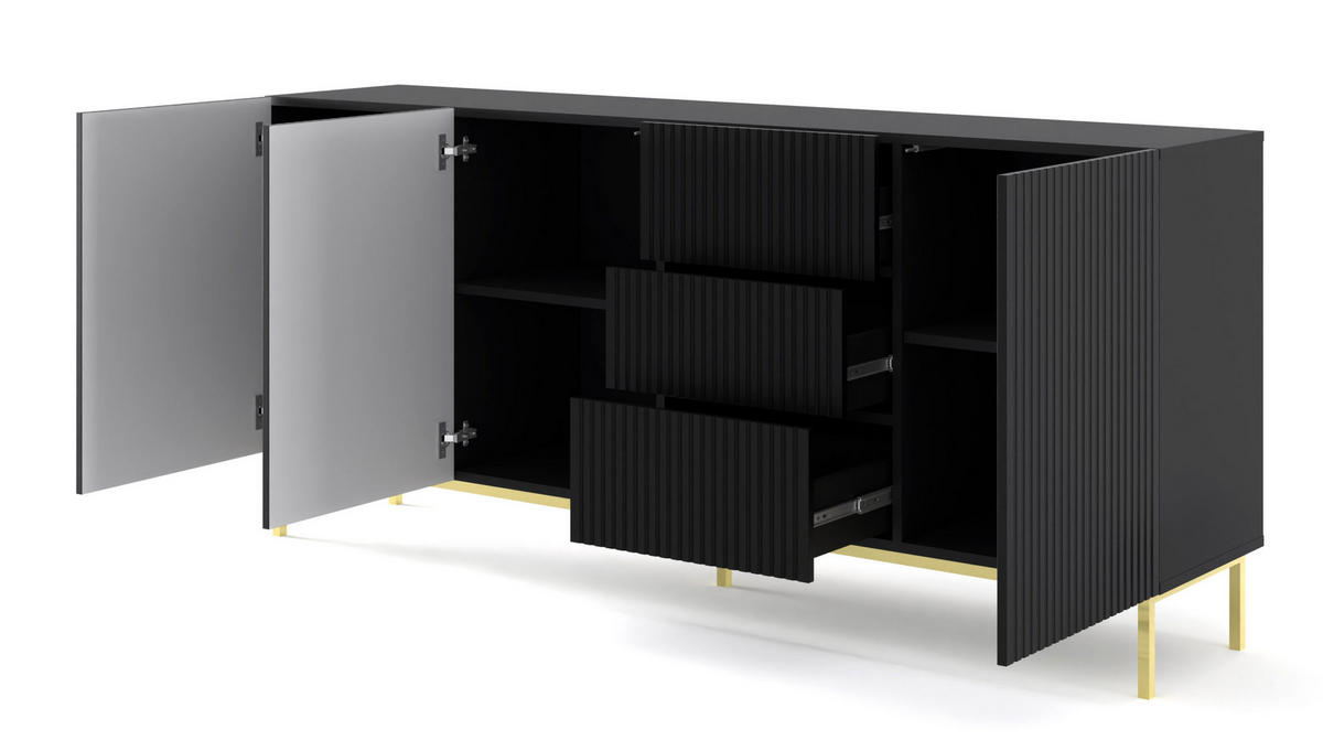 KOMMODE Schwarz, Schwarz, Gold 200/89/42 - Schwarz, Holzwerkstoff (200/89/42cm) - RAUMHIRSCH FURNITURE