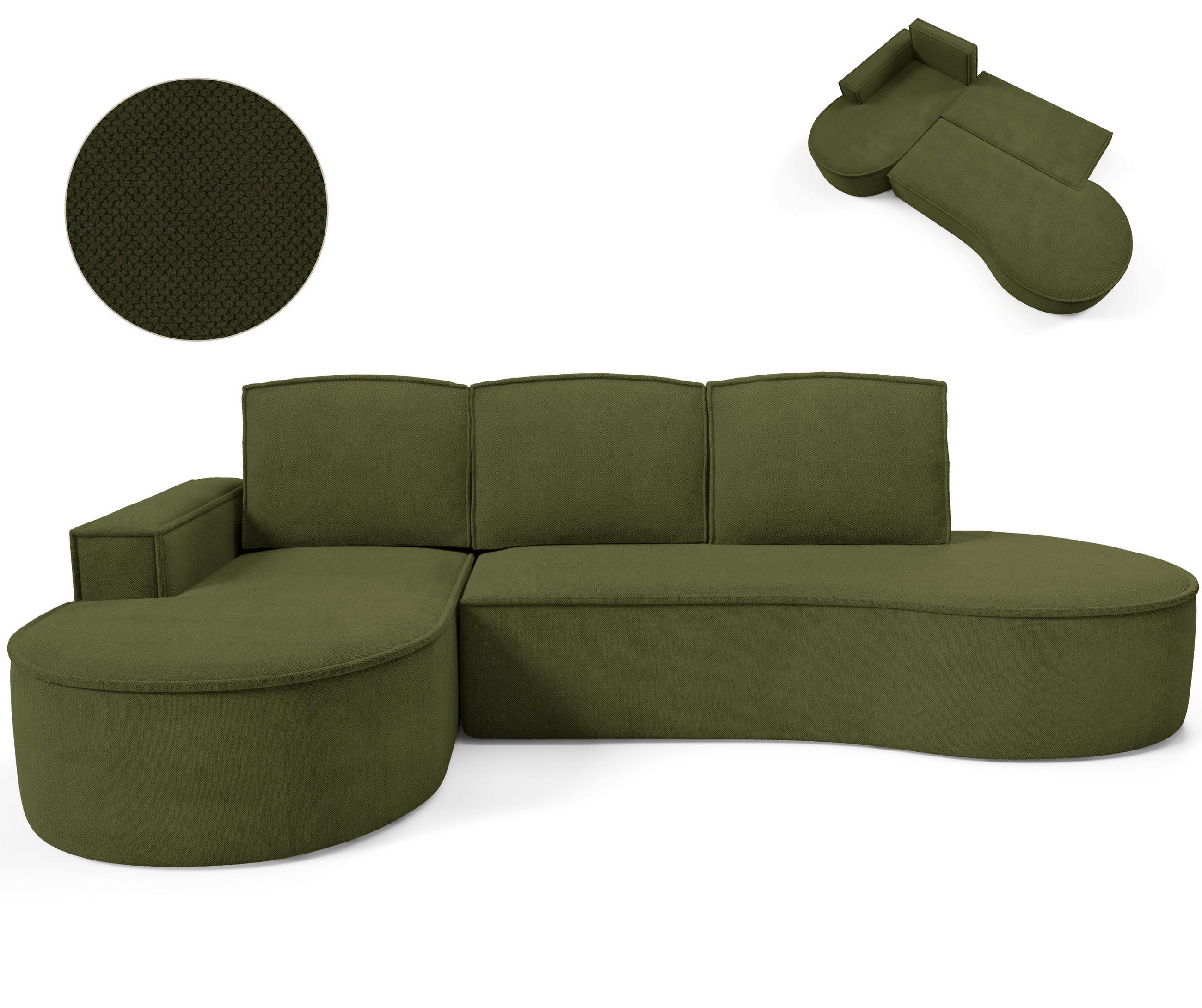 ECKSOFA MOLLY mit Schlaffunktion – Halbrund, freistehend, Liegefläche 140x207 cm, 3 Kissen, Abriamo-Stoff, 277x157x88 cm, Links Grün - Waldgrün, Holz/Textil (157/277cm) - DomoHome