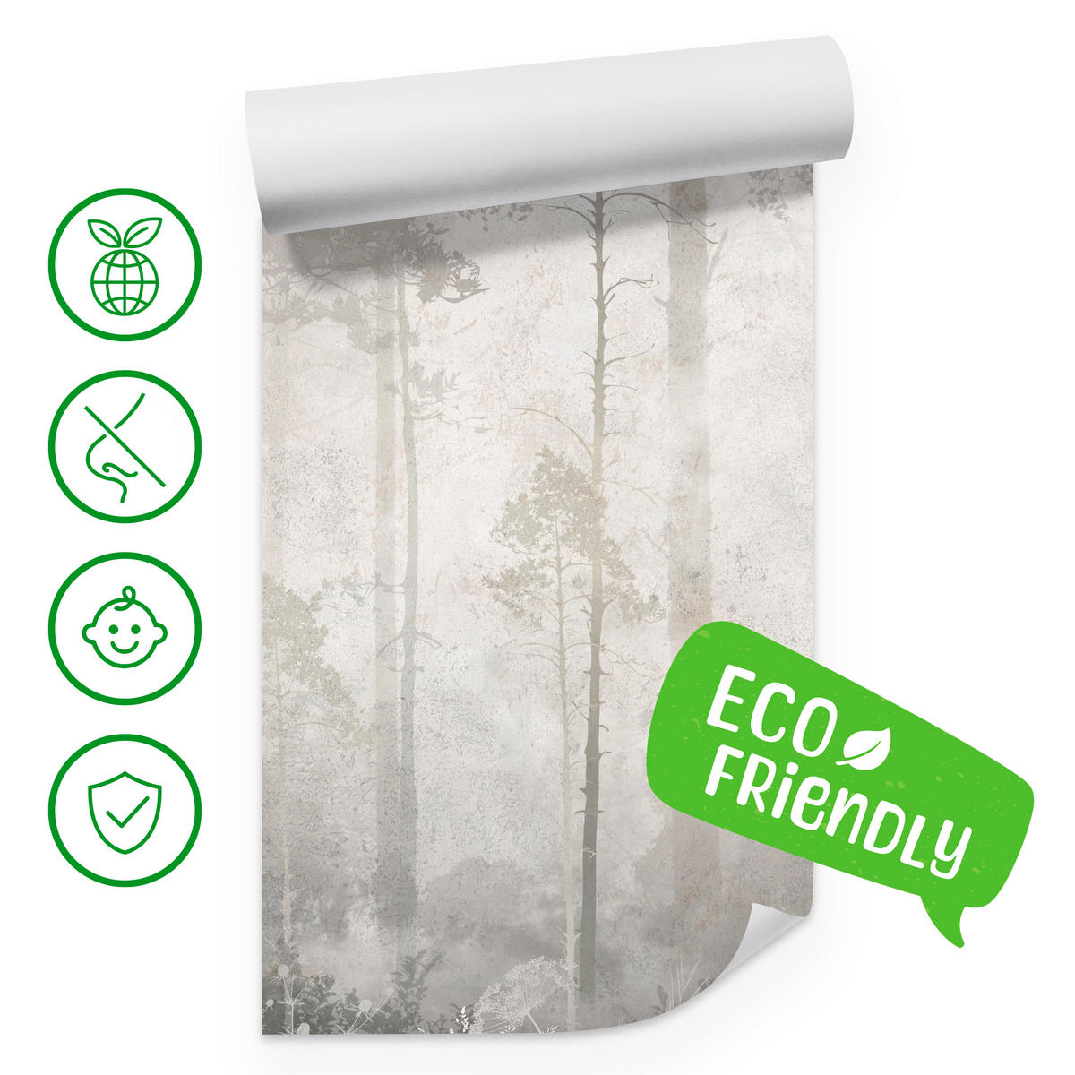 FOTOTAPETE für Wohnzimmer Nebliger Wald Vintage Bäume 300x210 - Beige/Grau, Papier (300/210cm) - Muralo