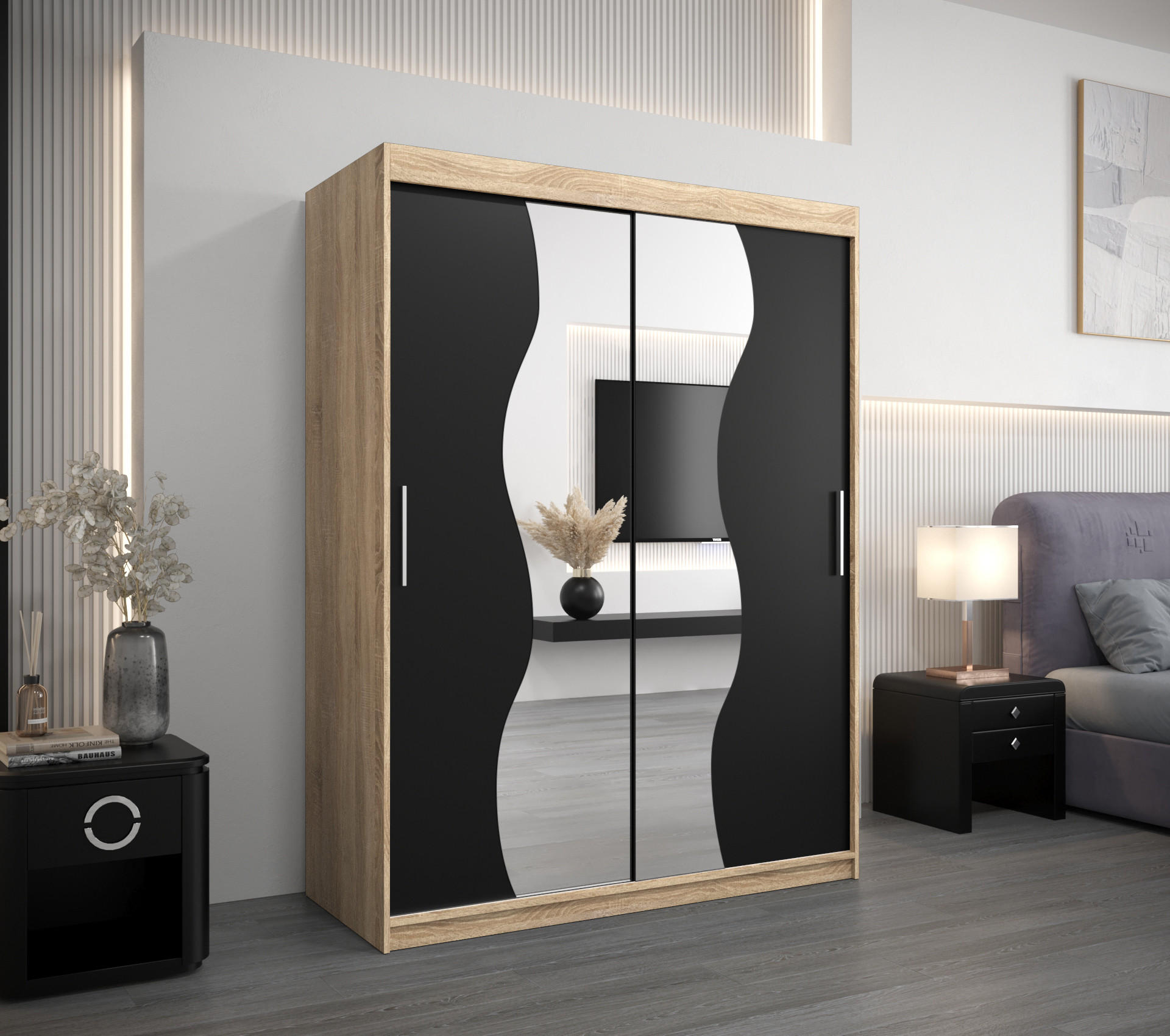 SCHWEBETÜRENSCHRANK 200/150/62 2-türig - Silberfarben/Schwarz, Holz/Kunststoff (150/200/62cm) - MÖBEL KRYSPOL