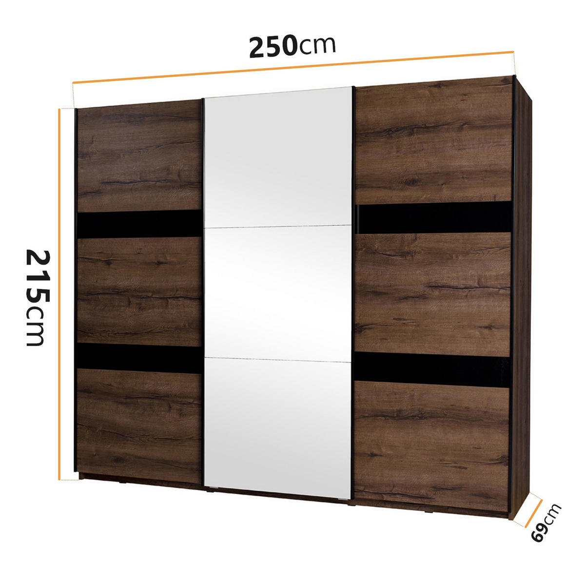 SCHWEBETÜRENSCHRANK Martin 250/215/69 3-türig mit Spiegel - Schwarz Hochglanz/Schwarz, Glas/Holzwerkstoff (250/215/69cm) - Ravio