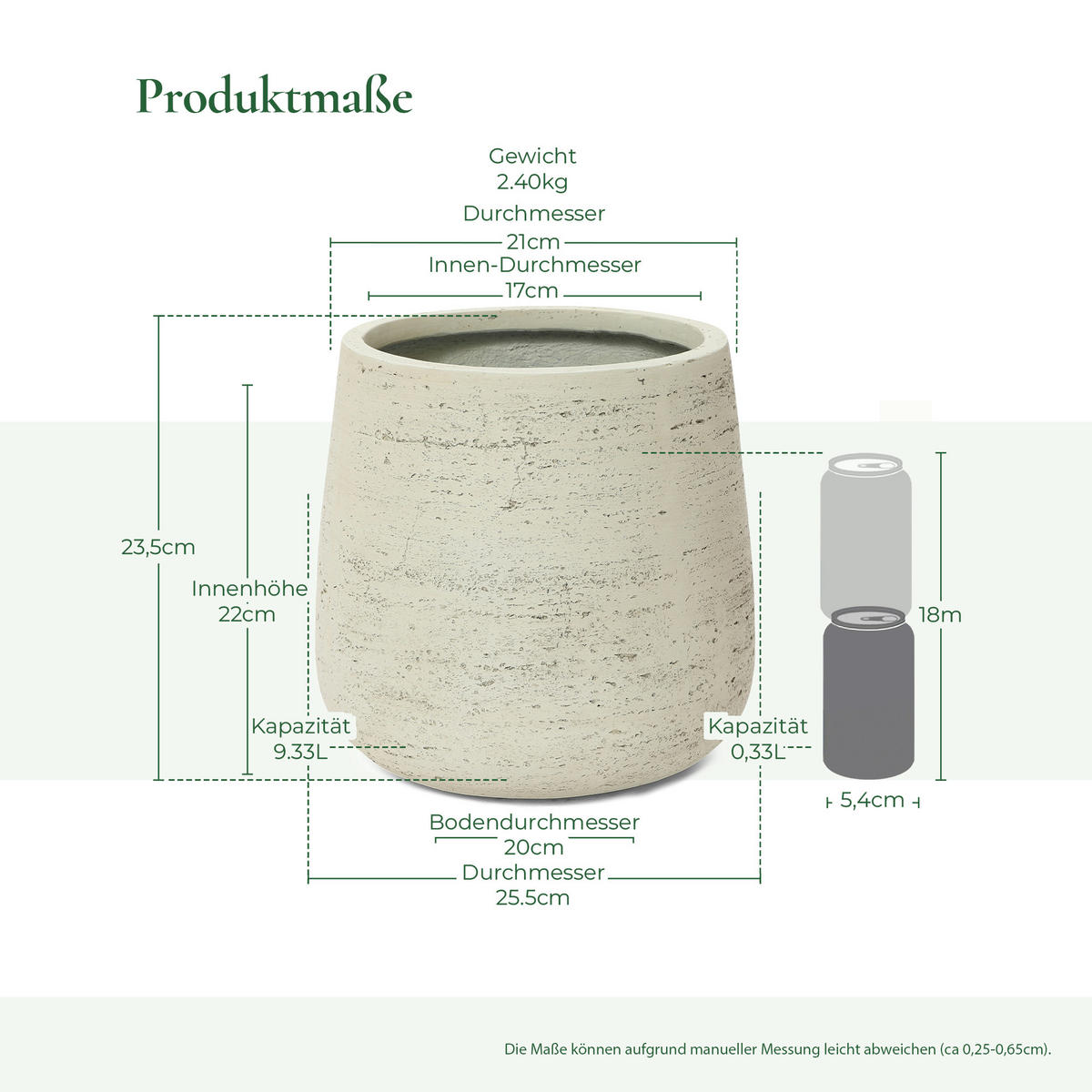 BLUMENTOPF groß & rund mit Ablaufloch, Ø 26 × H 24 cm, Creme - Weiß, Naturmaterialien (24cm) - Hometopia