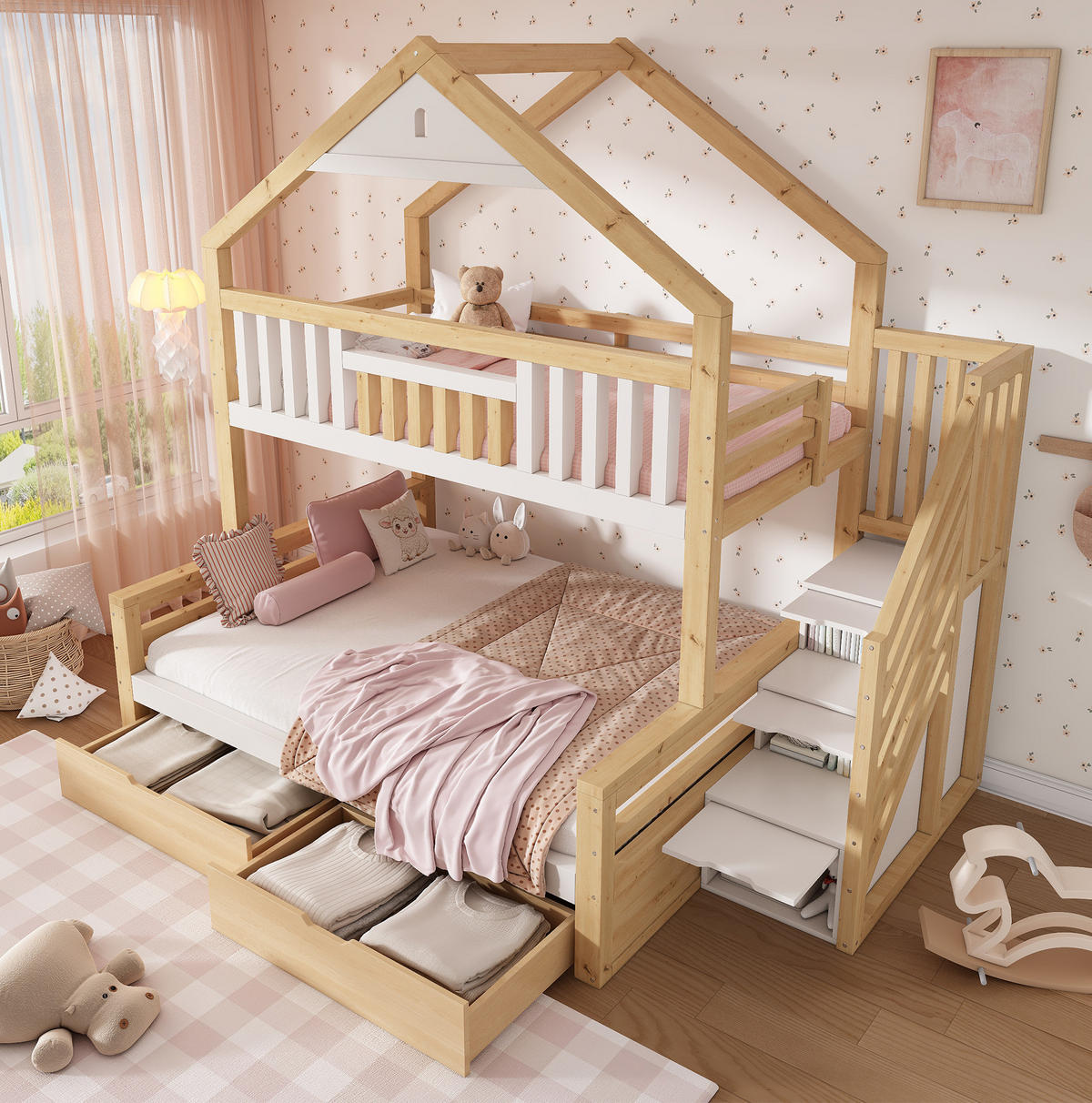 ETAGENBETT 90x200 & 140x200 cm in Weiß/Eiche mit Stauraumtreppe und Schubladen - Weiß, Holz (140/200cm) - IVMEU