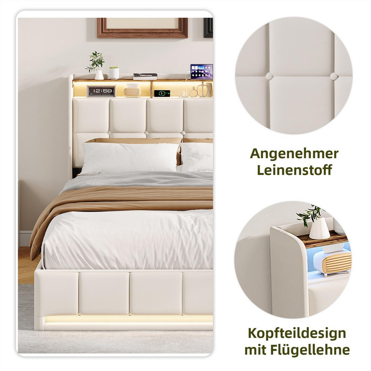 POLSTERBETT 160x200 cm mit LED-Beleuchtung und hydraulischem Stauraum - ohne Matratze - Beige - Beige, Textil (160/200cm) - DELFA