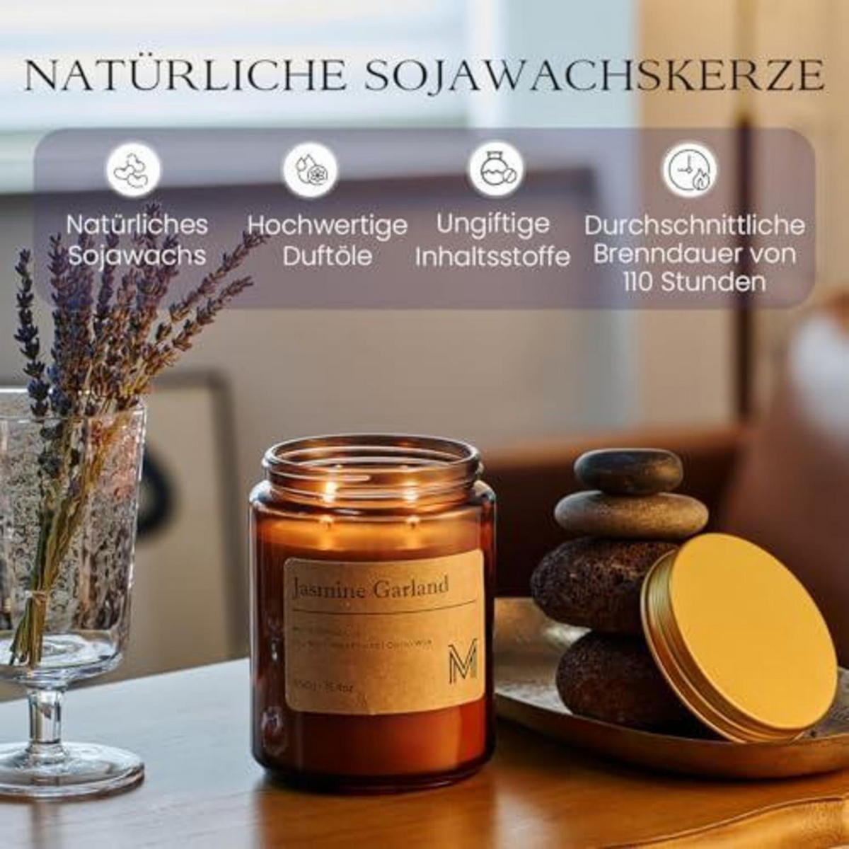 DUFTKERZE im Glas Jasmin-Girlande 550g 110 Stunden Brenndauer - Braun, Glas (15.6cm)