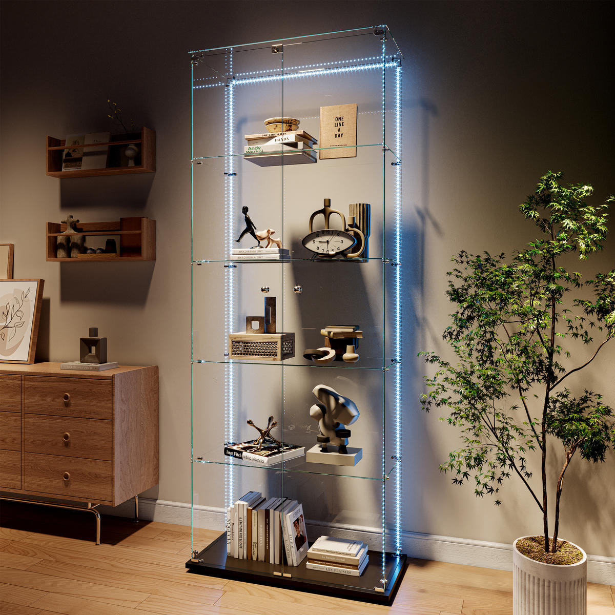 VITRINE 2 Türen, 5 Einlegeböden, LED Band, Glas, modern, mobil, Stauraum optimal - Schwarz, Glas (78.51/186.5/34.5cm) - EuroLiving