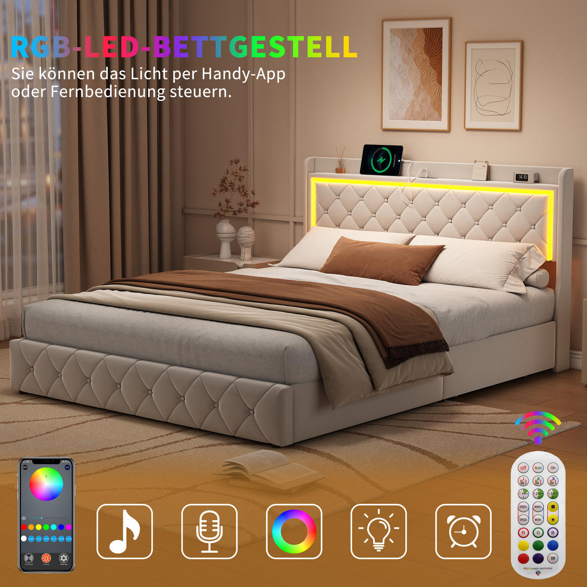 POLSTERBETT 140x200 cm, Stauraumbett mit 4 Schubladen, LED & USB/Type-C, Flauschstoff in Beige - Beige, Holz (140/200cm) - BRILVERDE