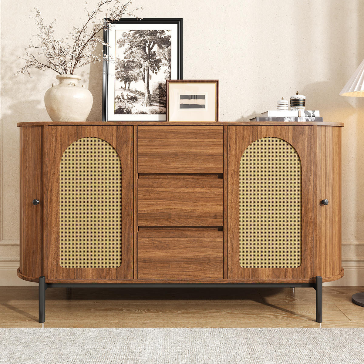 SIDEBOARD in Holzoptik Ovaler Aufbewahrungsschrank mit verstellbare Einlegeböden und Schiebetüren, B140/T38/H77,5(cm) - Schwarz/Braun, Holzwerkstoff/Metall (140/77.5/38cm) - STILVORA