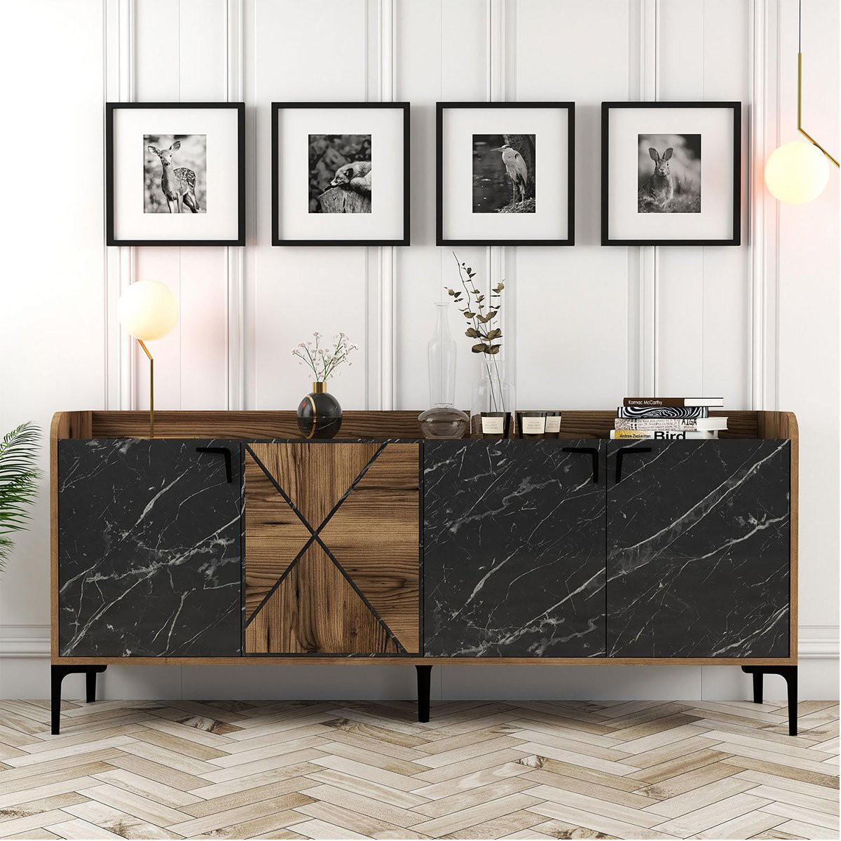 SIDEBOARD 4 Türen L180 cm - Venedik - Schwarz, Holzwerkstoff (35/78/180cm) - Calicosy