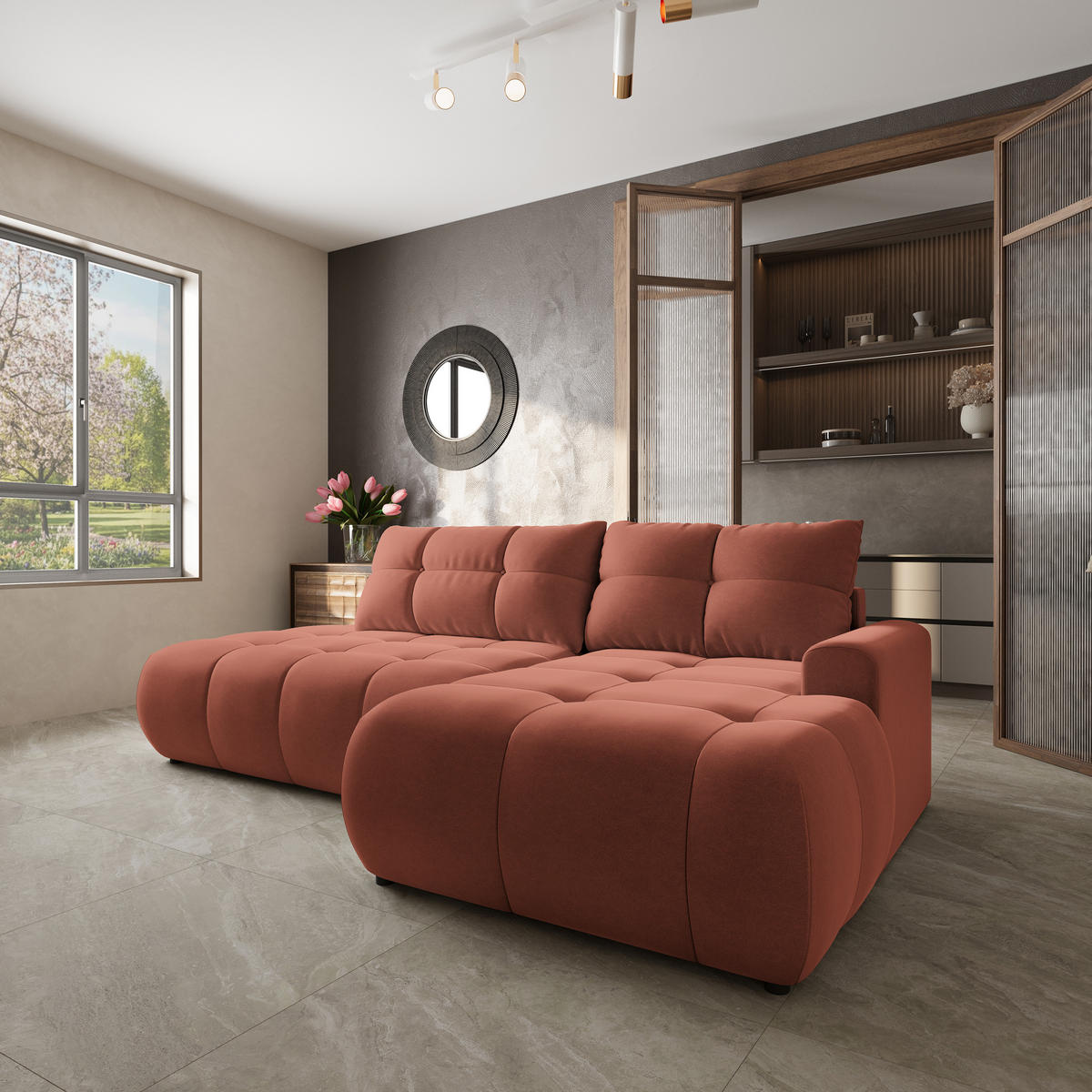 ECKSOFA FLUMA CL R-S Koralle Samtstoff mit Schlaffunktion - Koralle, Holzwerkstoff/Textil (279/158cm) - MASSENO