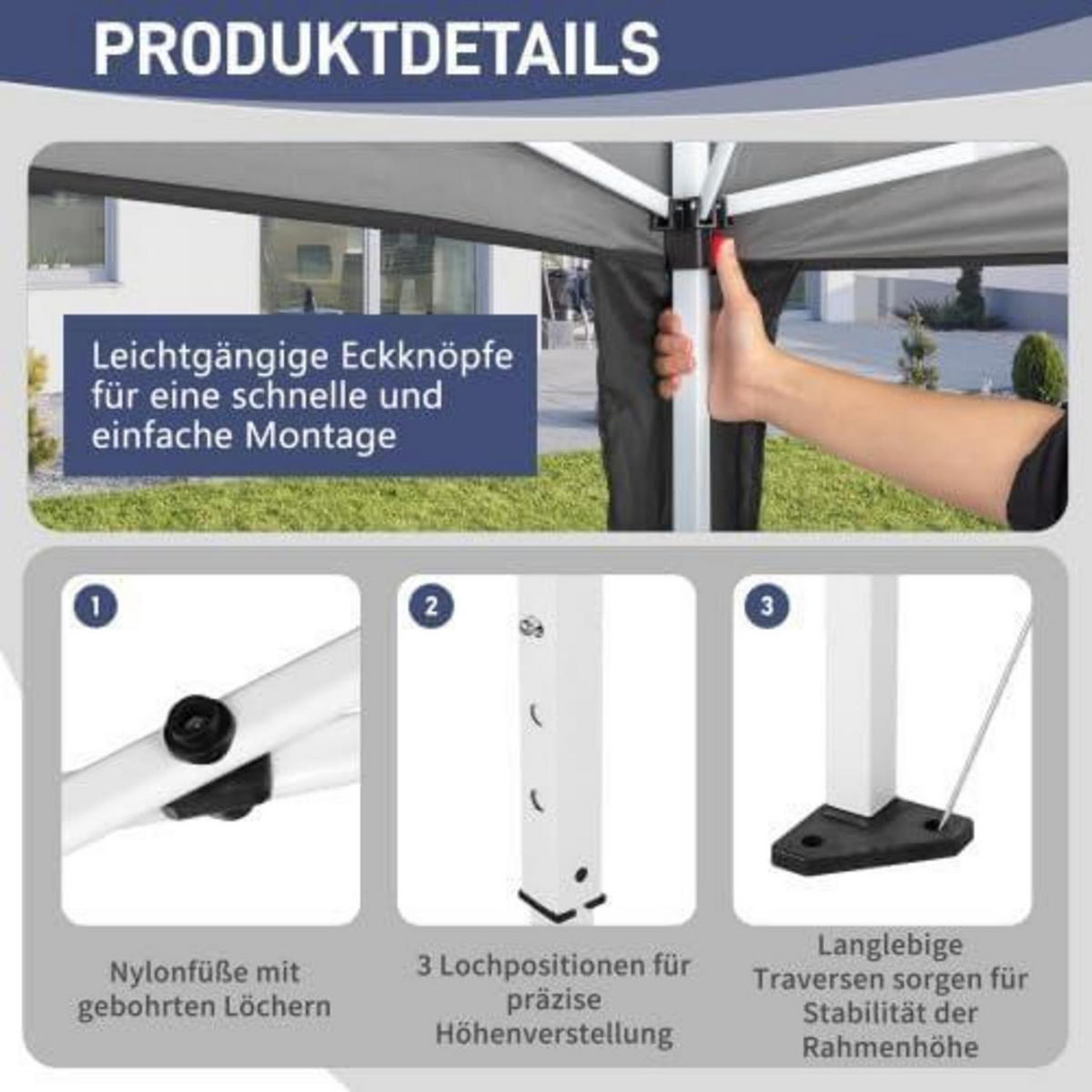 PAVILLON 3 x 3 m wasserdicht UV Schutz 50+ mit 4 Mesh-Seitenteilen Dunkelgrau - Anthrazit, Textil (255/300/300cm)