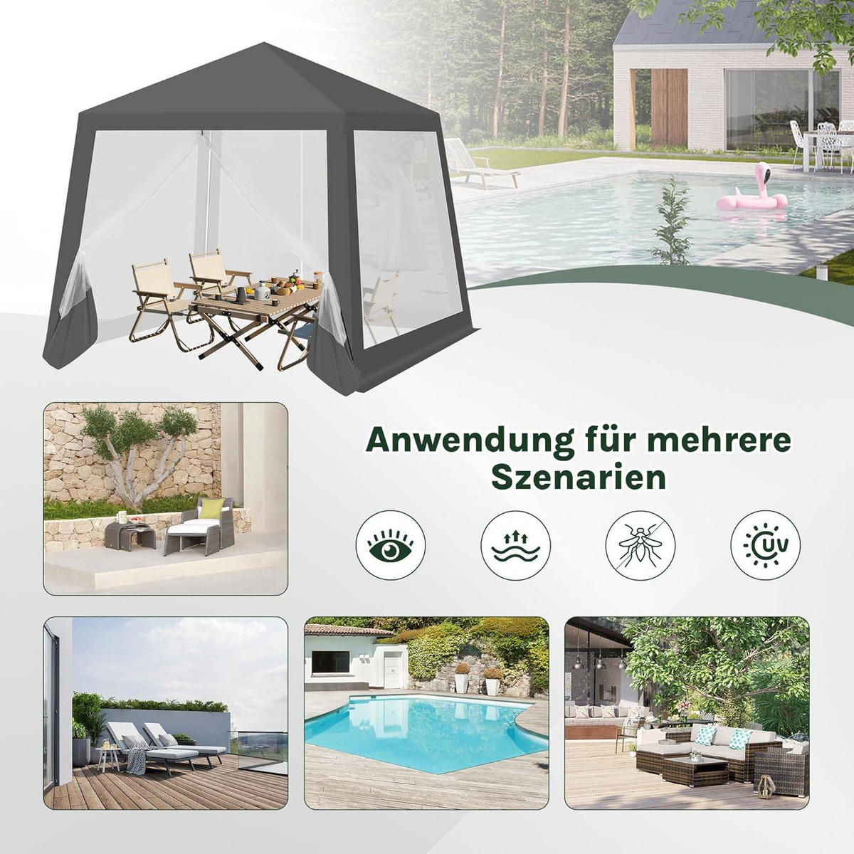 PAVILLON 3x3 m, Gartenpavillon mit Seitenwänden Moskitonetz - Grau, Metall (300/250/300cm) - Woltu