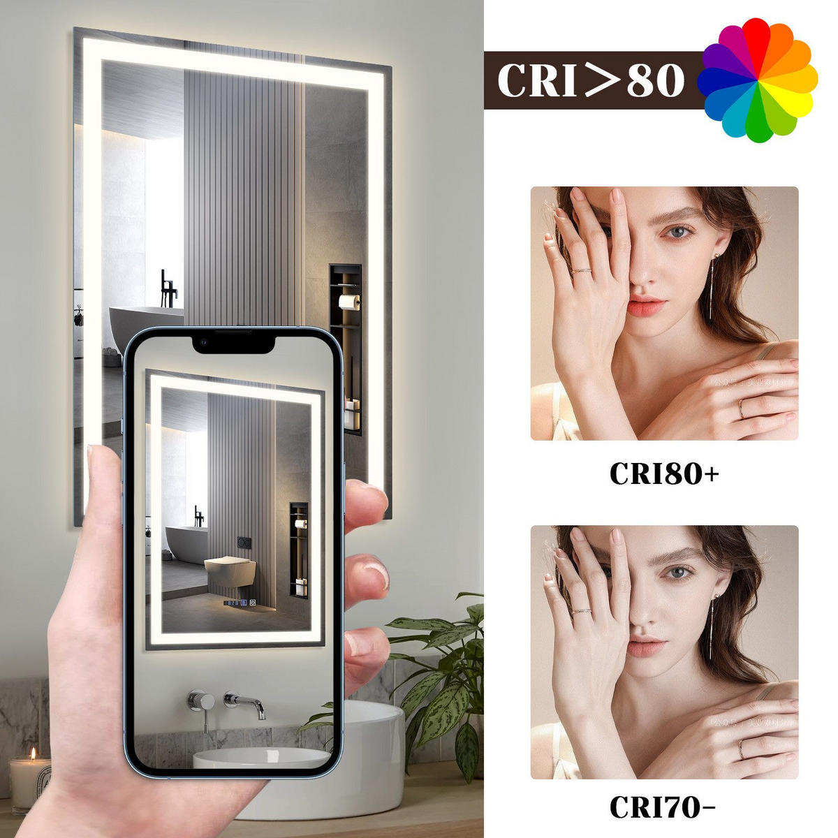 BADEZIMMERSPIEGEL Jena mit LED-Leuchte 50/70/3 cm - Weiß, Glas (70/3/50cm) - Nettlife