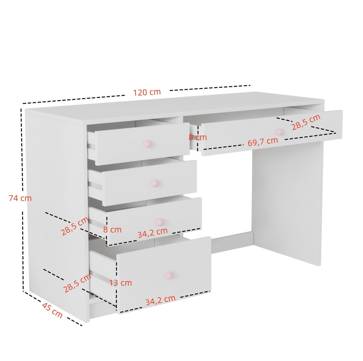 SCHREIBTISCH mit 5 Schubladen 120 x 45 x 74 cm MDF White - Weiß, Holz (120/45/74cm) - Meubliv