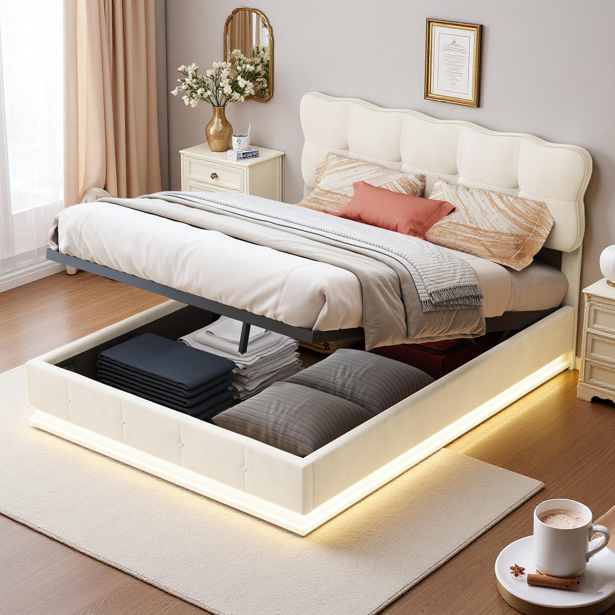 ČALOUNĚNÁ postel 140x190 cm béžová sametová LED plynová výsuvná skříňka - béžová, dřevo (140/190cm) - SHOPENTRA