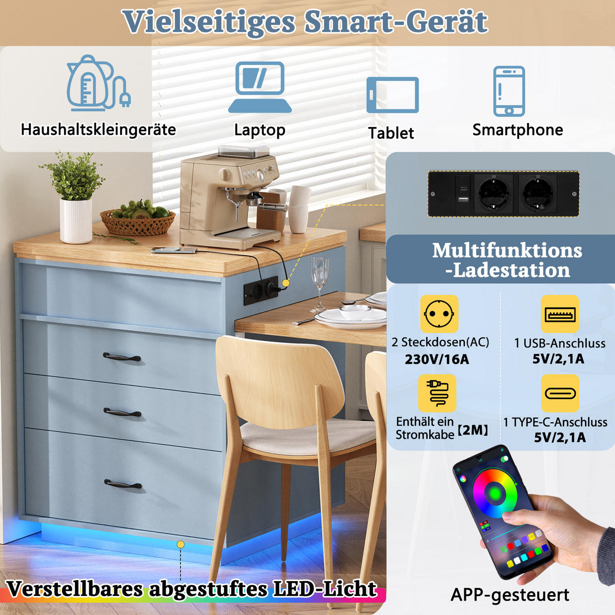 KÜCHENINSEL ausziehbar 125,5-187,5/71/93 cm mit LED DE-39569 Blau - Blau, Holzwerkstoff (125.5/93/71cm) - ComfortXL