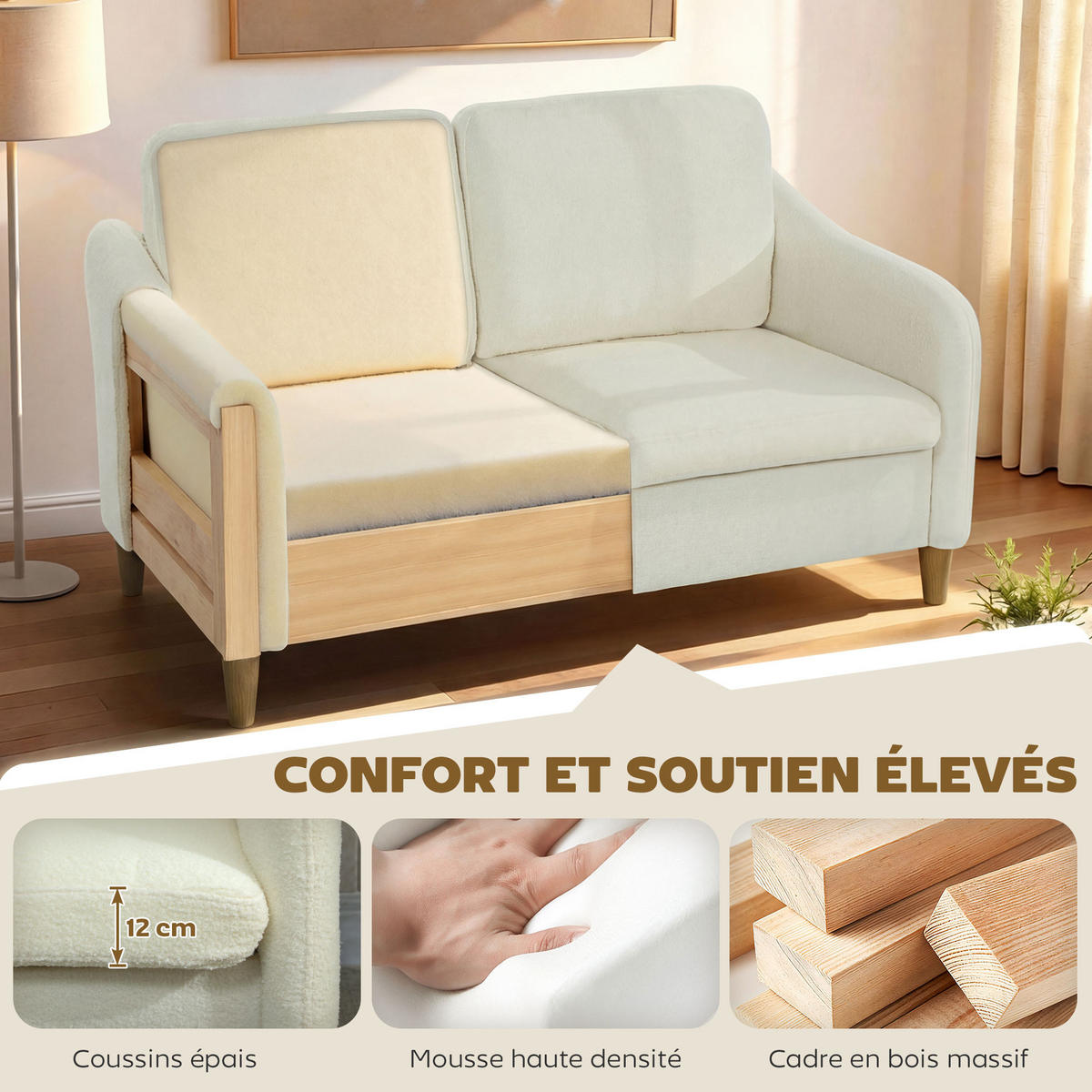 SOFA, 2-Sitzer, Bouclé-Stoff, Kissen, cremefarben, 137x69x82cm - Multicolor, Holzwerkstoff (137/82/69cm) - FORIOUS