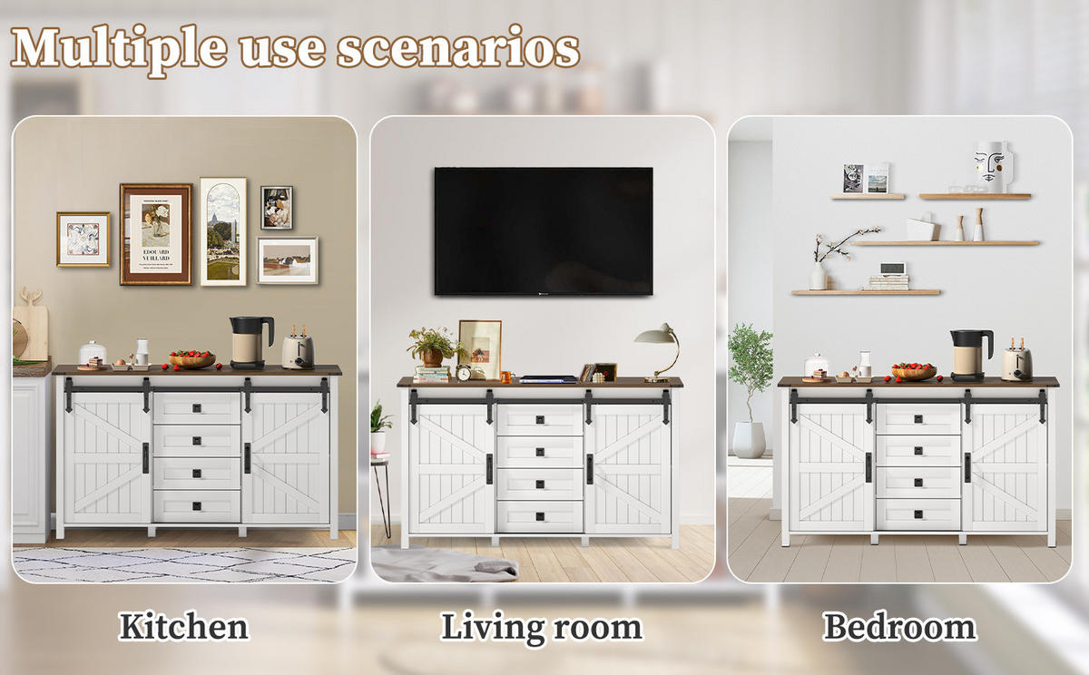 SIDEBOARD im modernen Landhausstil mit 2 Schiebetüren und 4 Schubladen, MDF, 137/40/81,5 cm, Weiß - Weiß, Holzwerkstoff (137/81.5/40cm) - Redom