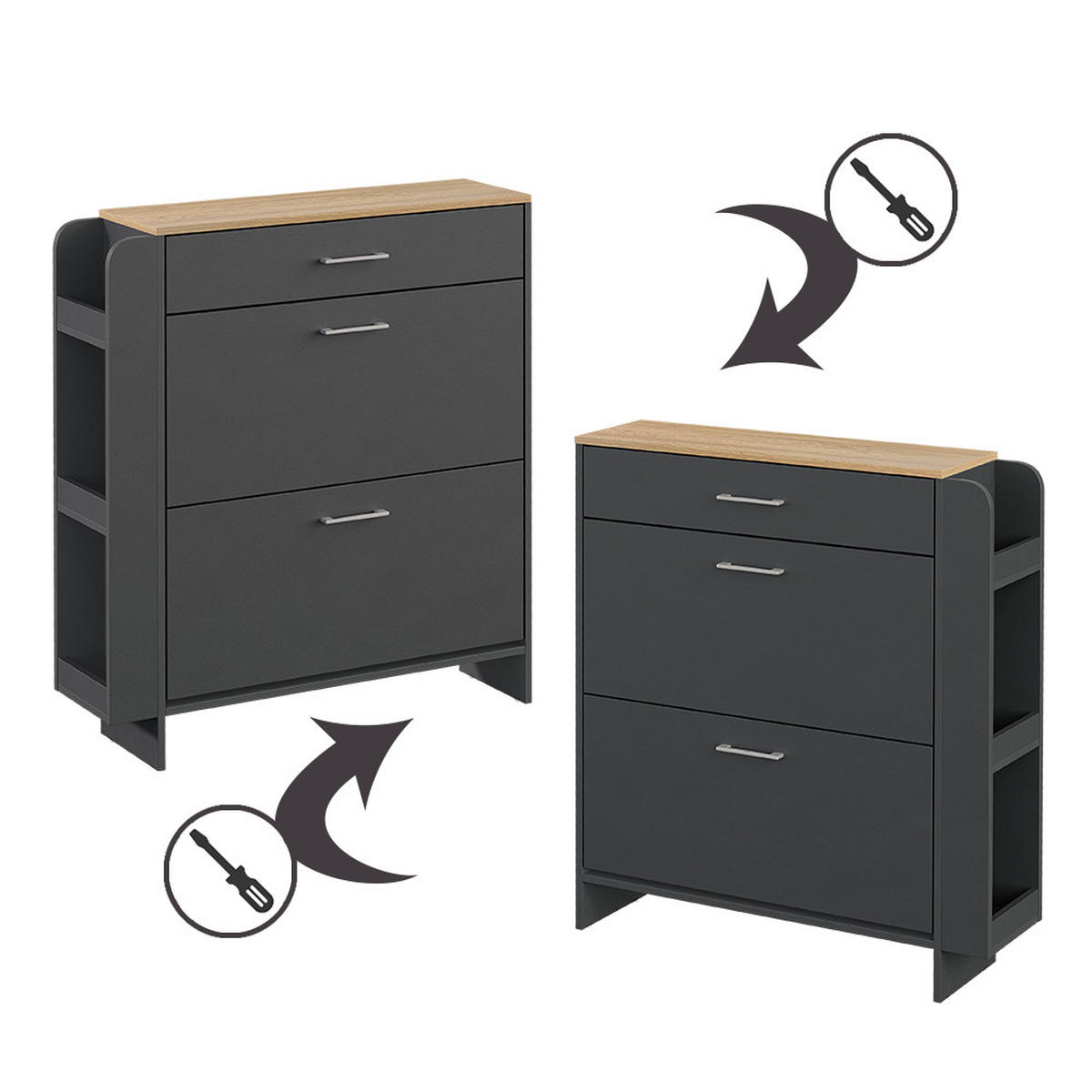 SCHUHSCHRANK Movino Anthrazit/Eiche 88.4 x 101.6 cm mit offenen und geschlossenen Fächern - Eichefarben/Anthrazit, Holzwerkstoff (88.4/101.6/23.6cm) - Vicco