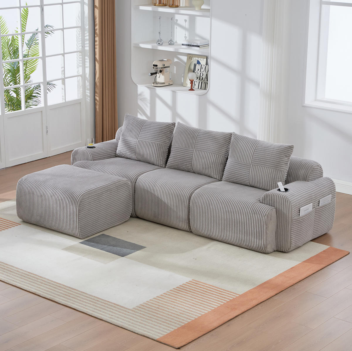 MODULARES 3-Sitzer Sofa Cordstoff mit Getränkehalter und Seitentasche 268/174/80 cm Hellgrau - Hellgrau, Textil (174/268cm) - Redom