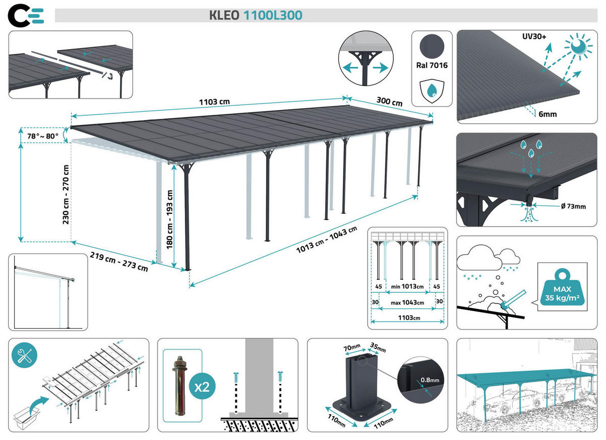 PERGOLA / CARPORT Kleo Grau 11m x 3m - Grau, Metall (1112/270/300cm) - Cazeboo