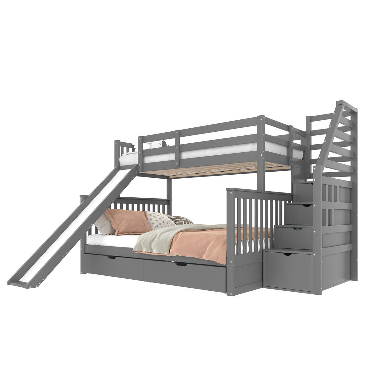 ETAGENBETT 90/200 und 140/200 cm aus Kiefernholz und MDF mit Rutsche und Stauraum Grau - Grau, Holz (90/200cm) - Modenvie