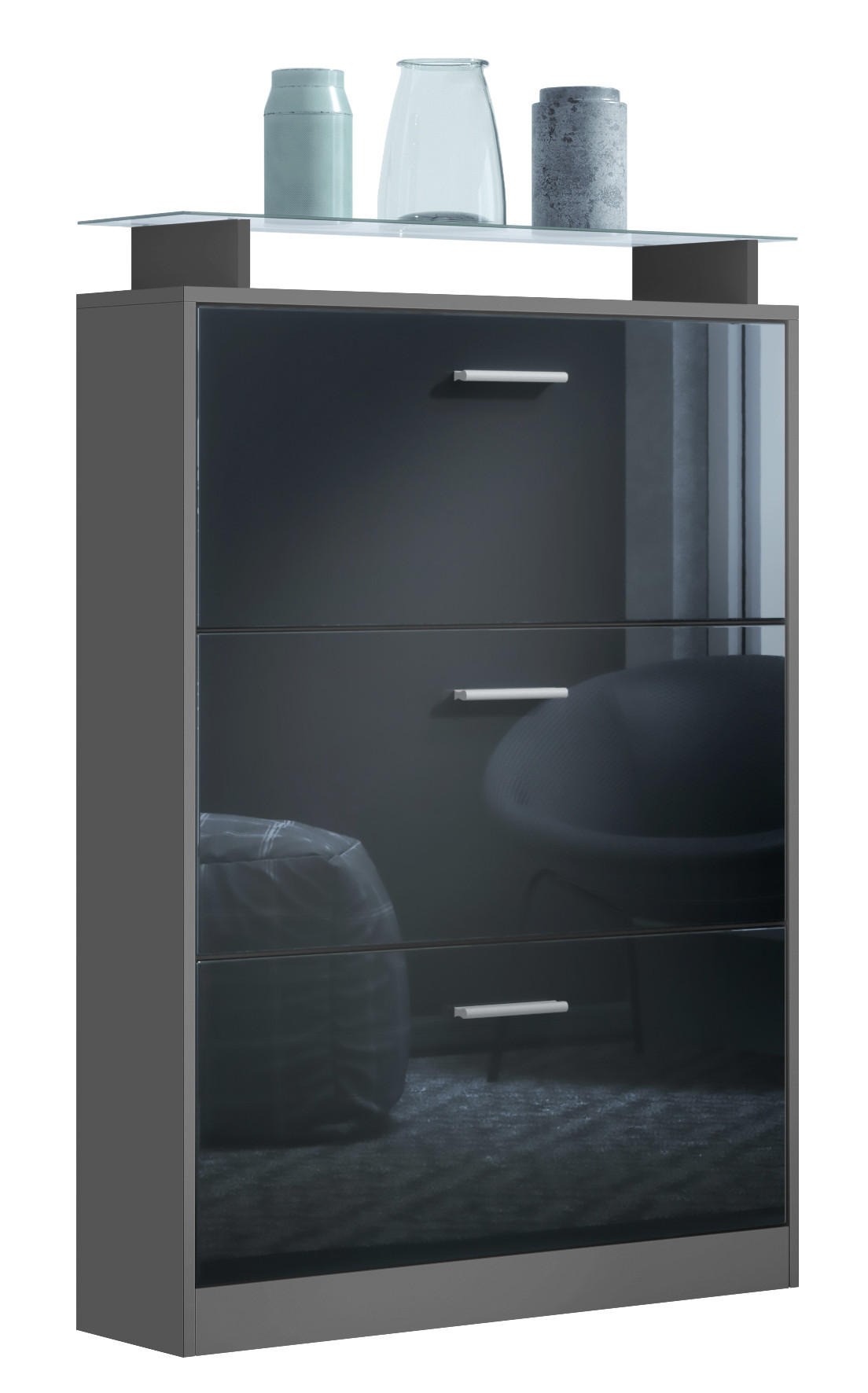 SCHUHSCHRANK Lavia Front in Schwarz Hochglanz - Schwarz Hochglanz, Holzwerkstoff (89/128/23cm) - Vladon