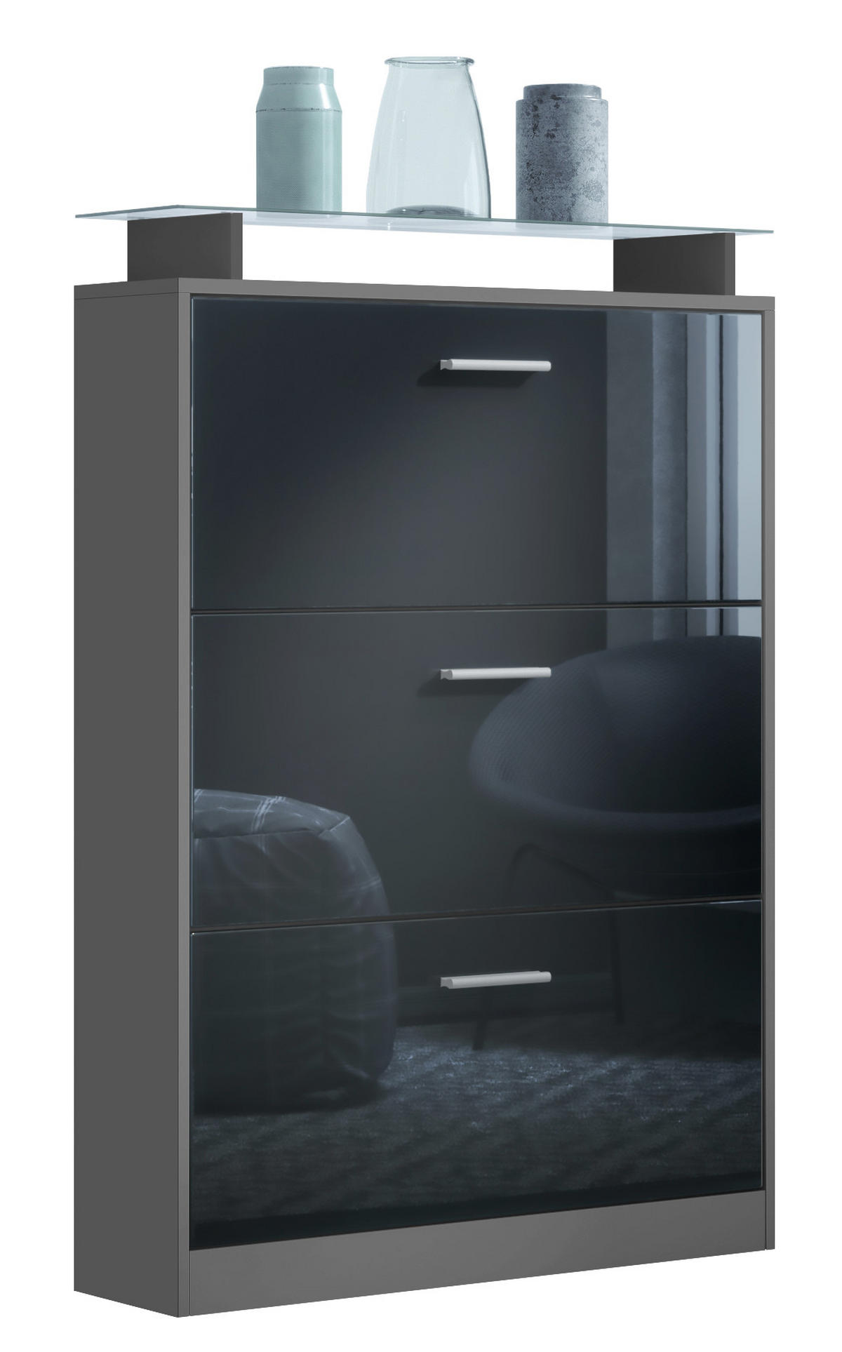 SCHUHSCHRANK Lavia Front in Schwarz Hochglanz - Schwarz Hochglanz, Holzwerkstoff (89/128/23cm) - Vladon