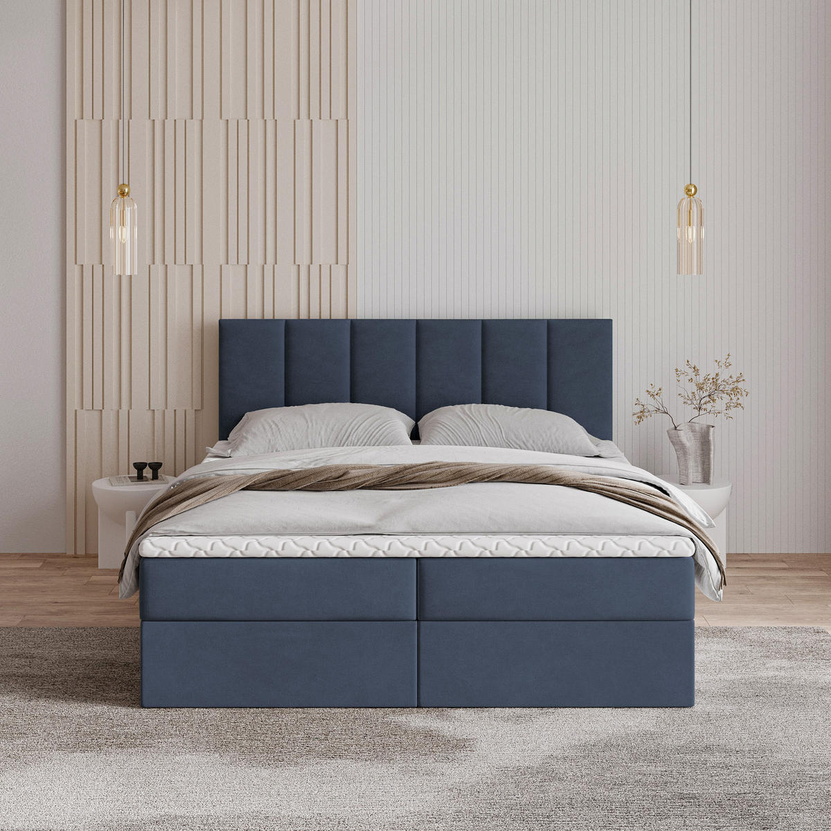 BOXBETT MERIL 160x200 cm mit Matratze und Topper - Blau - Blau, Holz (160/200cm) - MASSENO