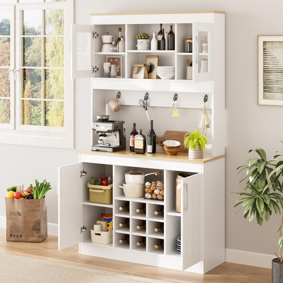 KÜCHENSCHRANK Buffet 175 cm Glastüren Weinregal Hakenleiste groß - Multicolor, Holzwerkstoff (106/175/39cm) - FLIEKS