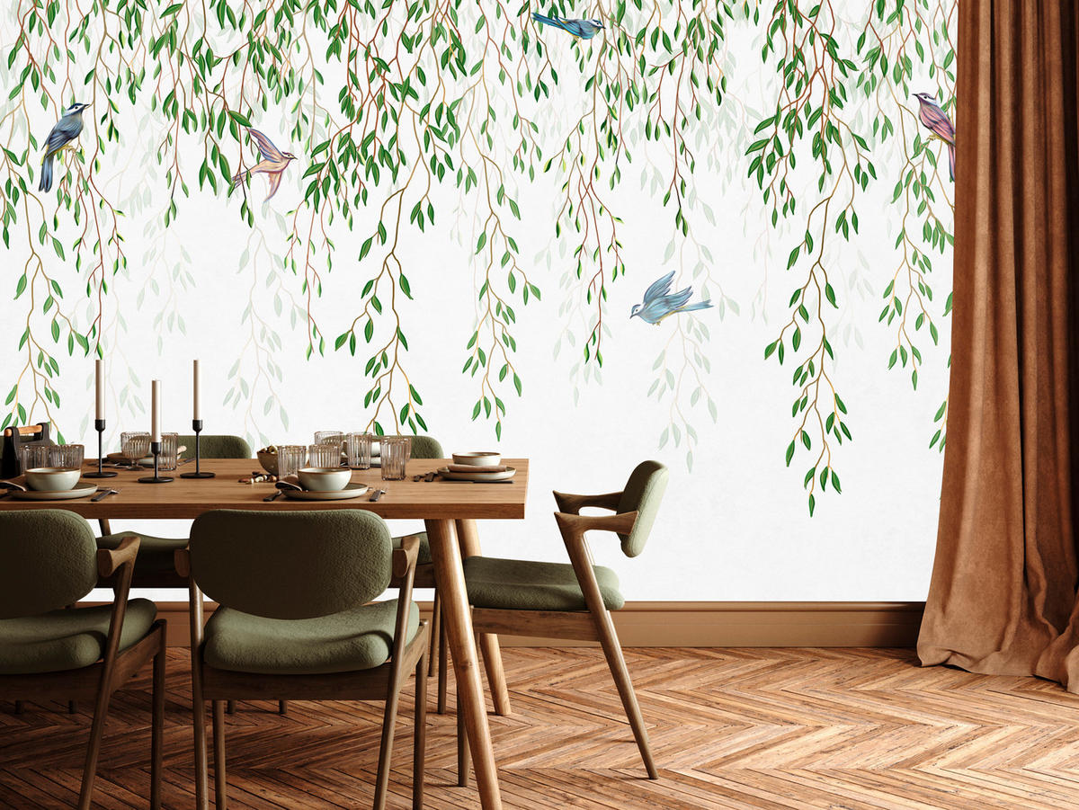 FOTOTAPETA Pre Spálňu Smútočná Vŕba Konáre Vtáky Jar Listy 450 x 315 cm - hnedá/modrá, papier (450/315cm) - Muralo