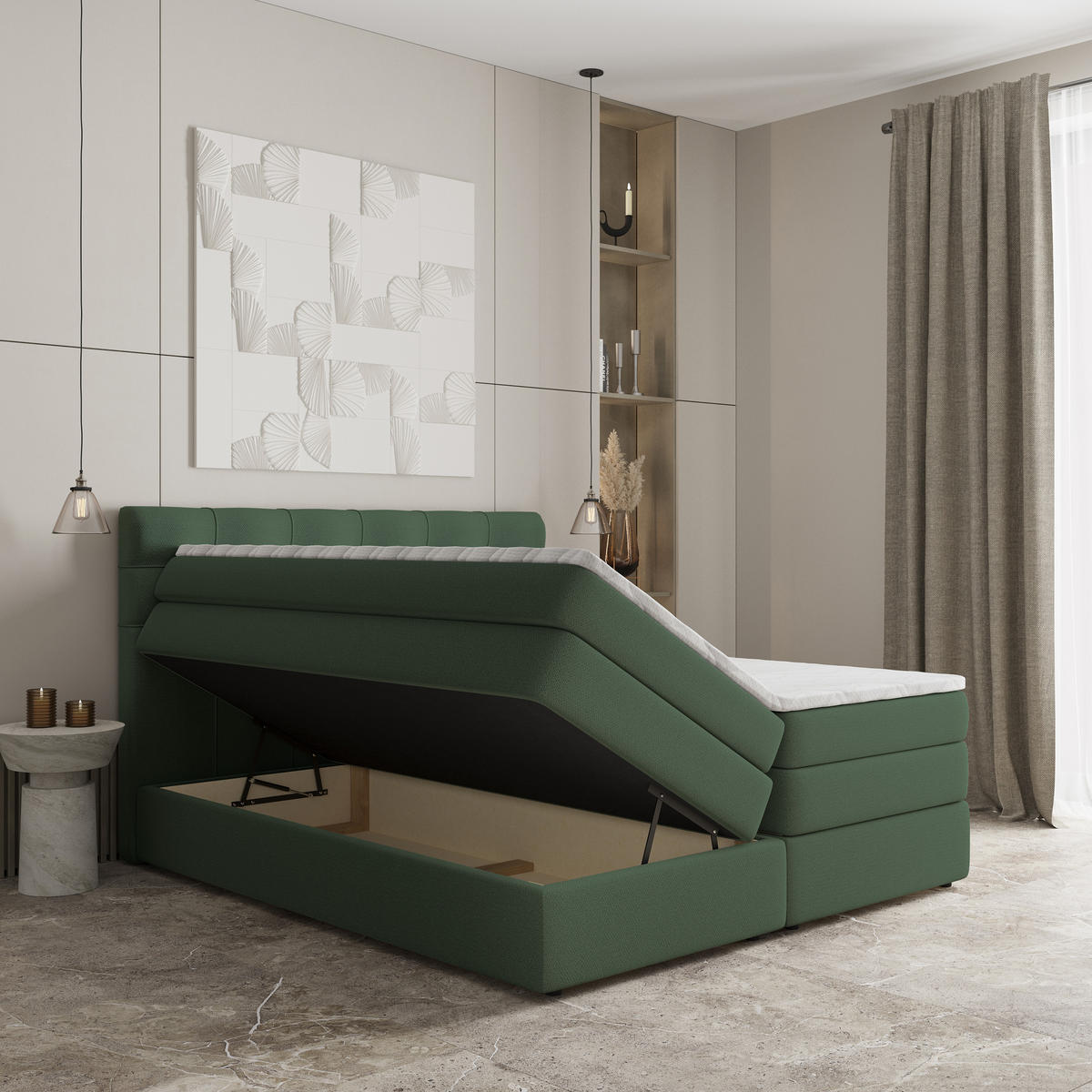 BOXSPRINGBETT AREZI 180x200 cm mit Matratze und Topper - Grün - Grün, Holz (180/200cm) - MASSENO