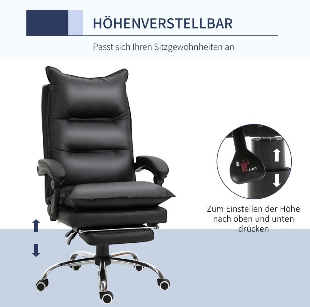 DREHSTUHL 66/72/122-130 cm schwarz aus Kunstleder mit Fußstütze und Liegefunktion - Schwarz, Leder (72/130/66cm) - OKWISH