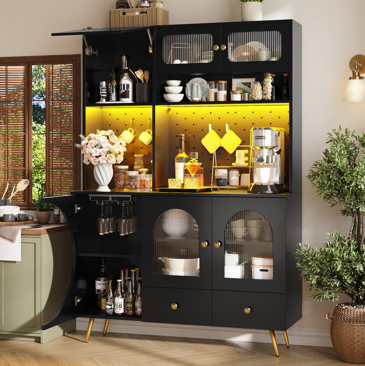 ANRICHTE Küchenschrank 120/40/176 cm aus MDF und Glas mit LED-Beleuchtung und Steckdosenleiste Schwarz - Schwarz, Holzwerkstoff (120/176/40cm) - Modenvie