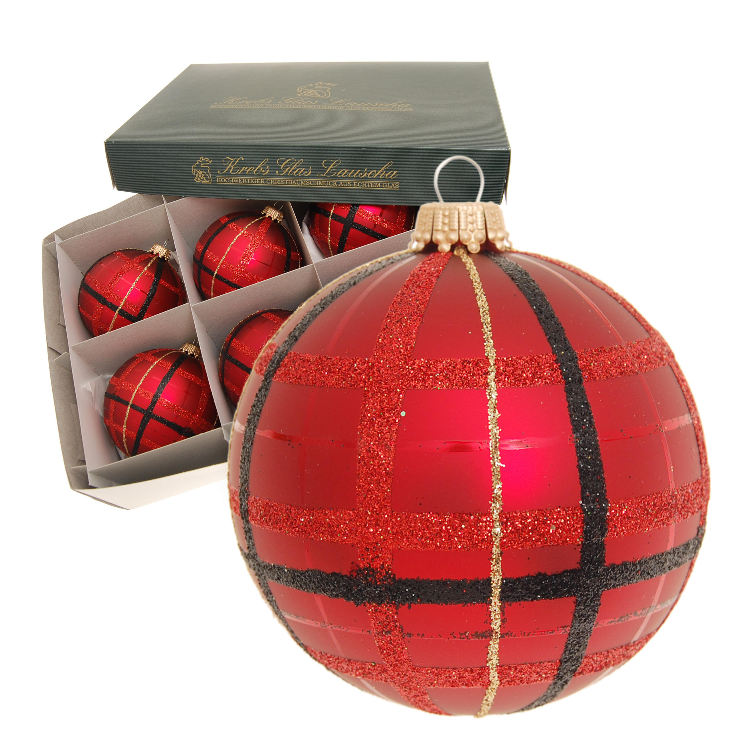 CHRISTBAUMKUGELN Tartan Rot 8cm (Glas / 6 Stk.) - Rot, Glas (8/8/8cm) - Krebs Glas Lauscha