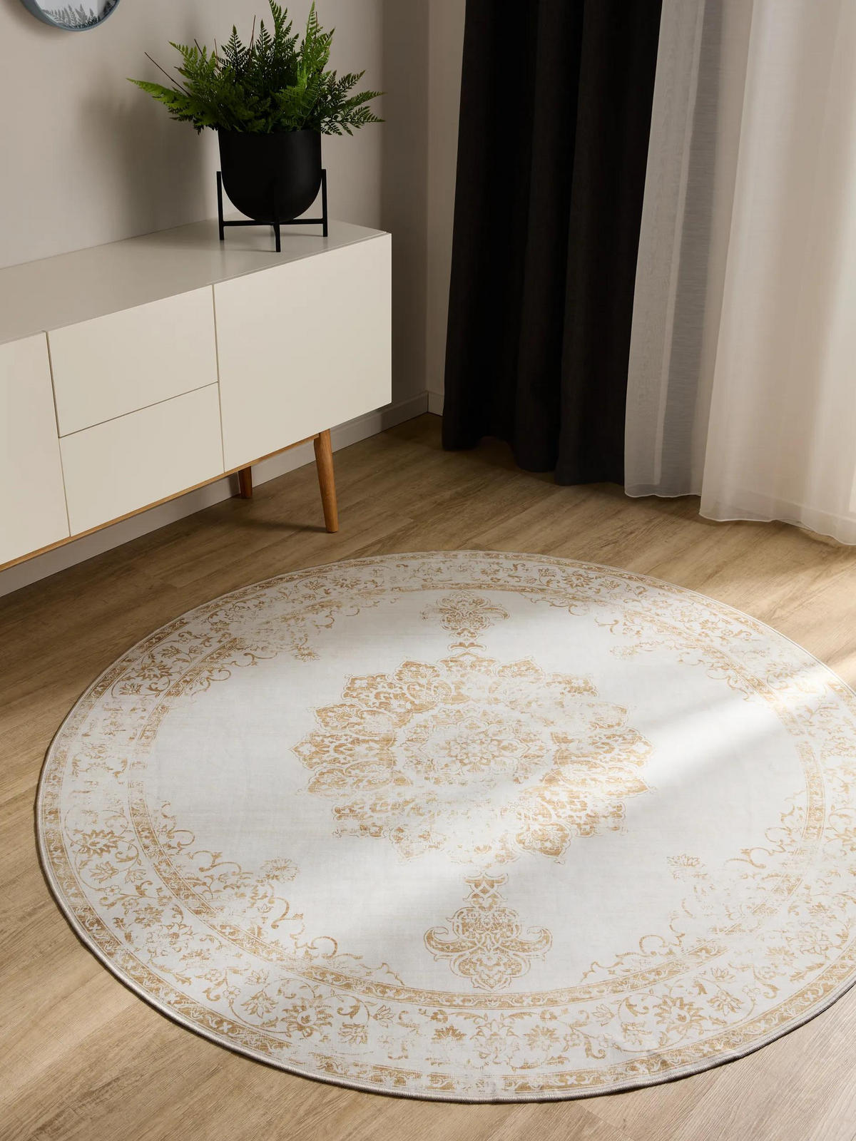 VINTAGE-TEPPICH George waschbar ø 160 cm rund - Gelb/Creme, Kunststoff (160/160cm) - benuta