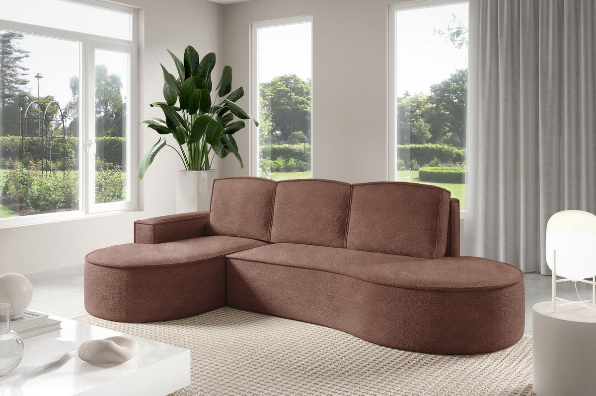 ECKSOFA MOLLY mit Schlaffunktion – Halbrund, freistehend, Liegefläche 140x207 cm, 3 Kissen, Abriamo-Stoff, 277x157x88 cm, Links Braun - Braun, Holz/Textil (157/277cm) - DomoHome
