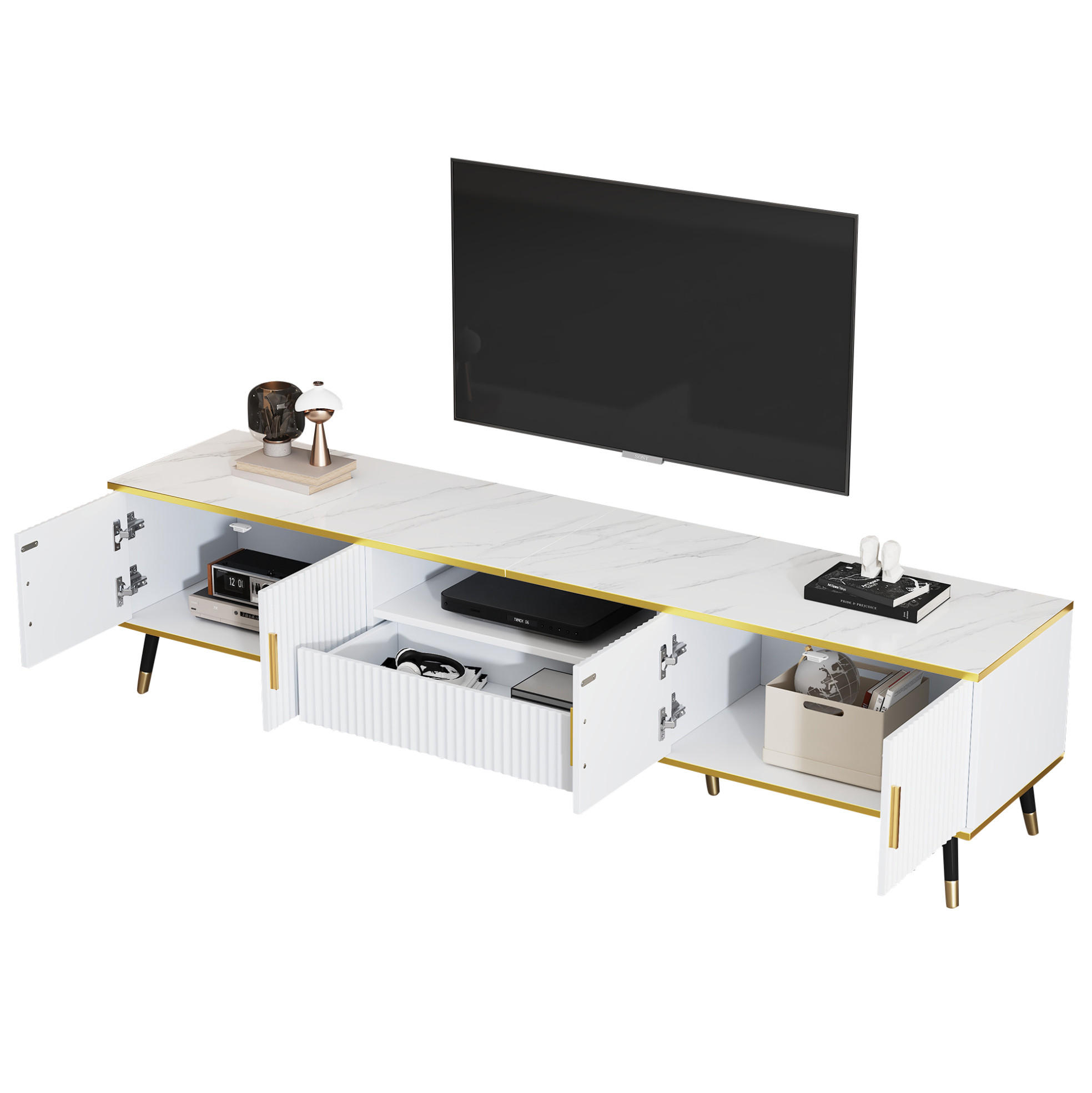 TV-SCHRANK in Weiß mit Marmoroptik, 2 Türen und Schublade 200/40/46 cm - Weiß, Holzwerkstoff (200/46/40cm) - Redom