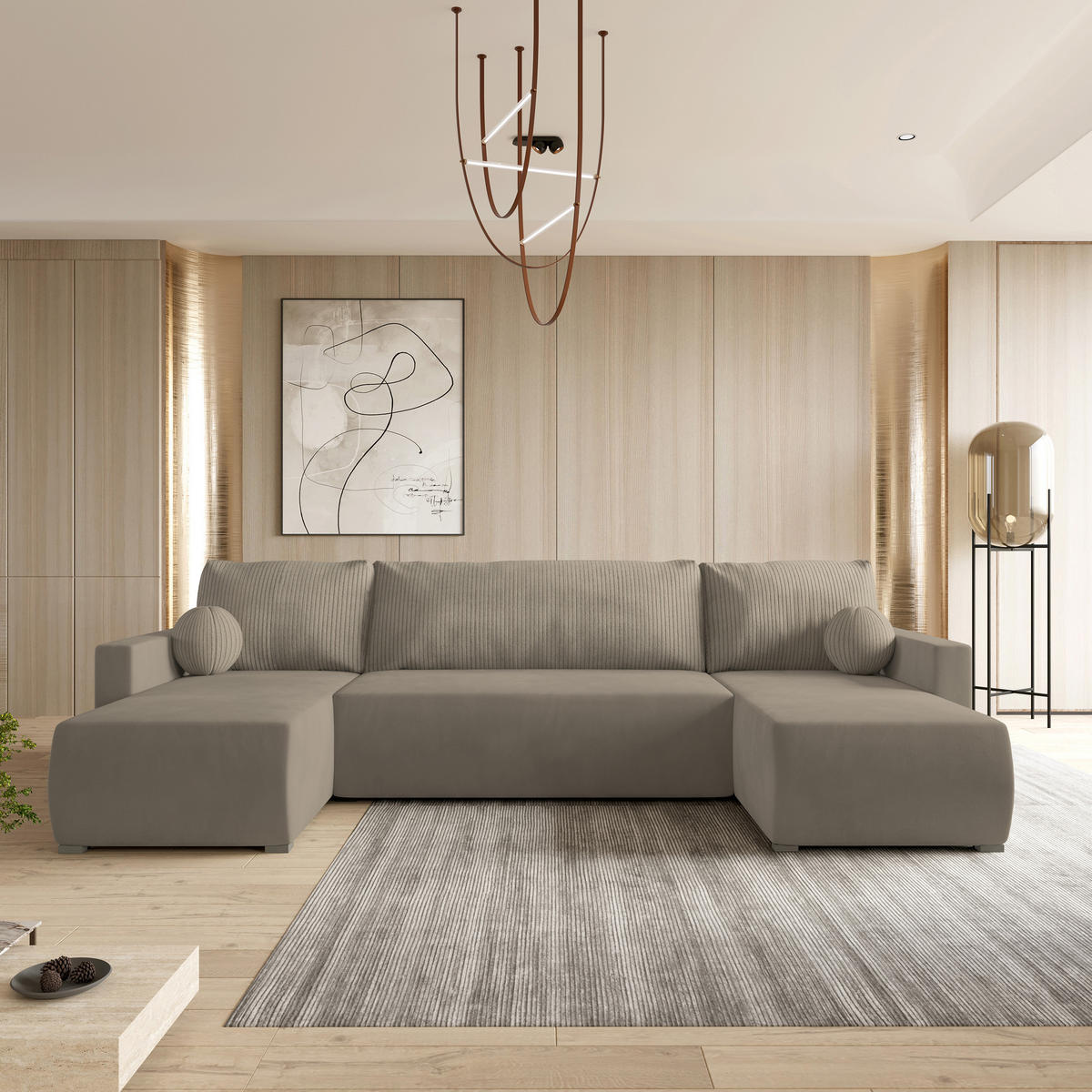 ROHOVÁ SEDAČKA TESSUN béžová - šedá/béžová, dřevo/textil (286/143cm) - MASSENO