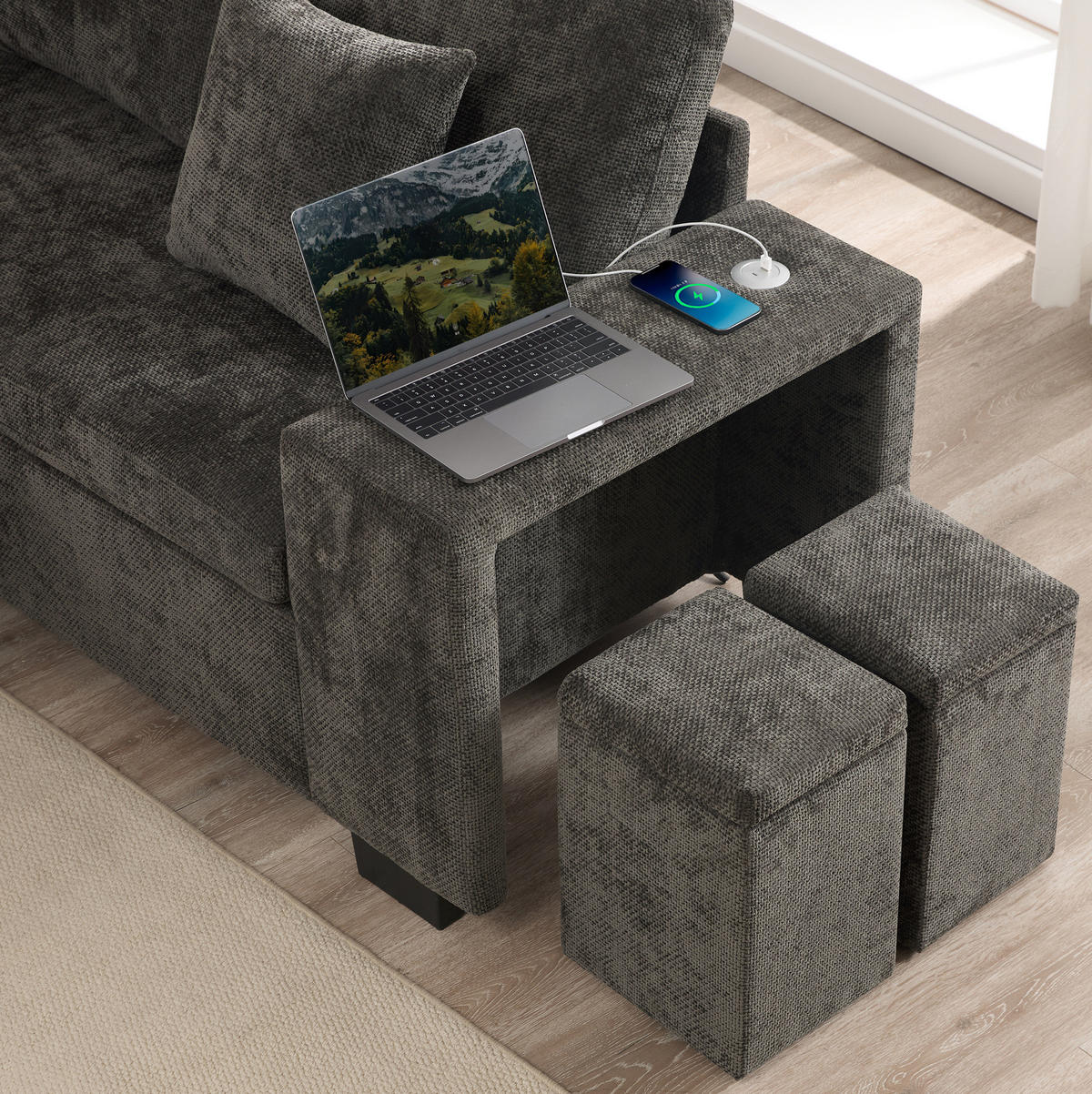 ECKSOFA 220/205/86,5 cm grau Chenille mit Schlaffunktion und Stauraum - Grau, Textil (205/220cm) - OKWISH
