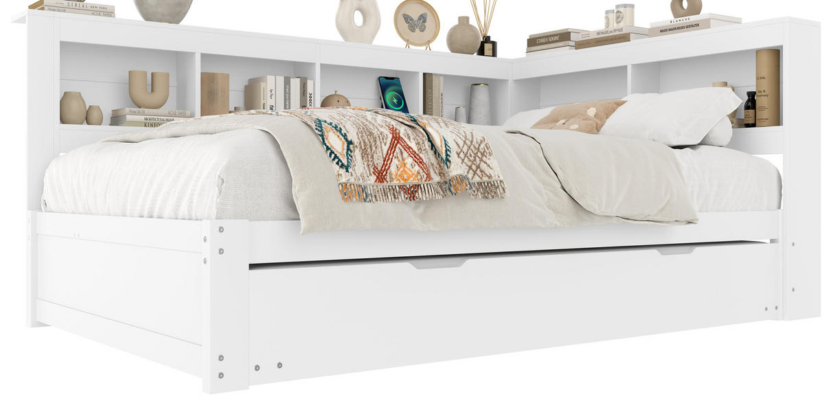 TAGEBETT 140x200cm Weiß Spanplatte Ausziehbett Steckdose USB - Weiß, Holz (140/200cm) - FLIEKS