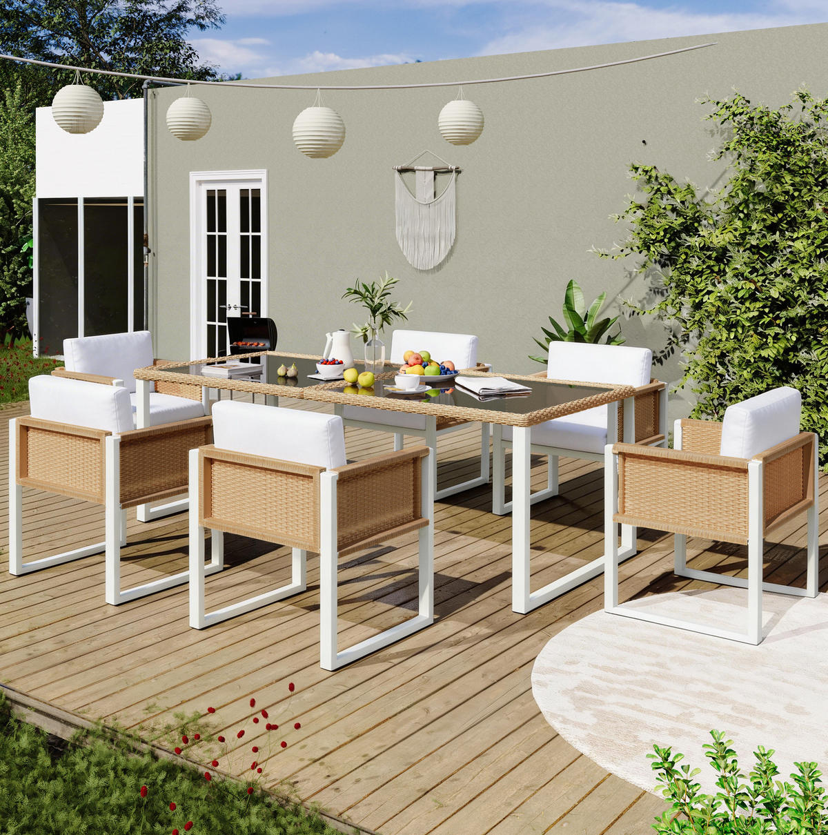 GARTEN-ESSGRUPPE 170/80/75 cm braun/weiß aus PE-Rattan mit 6 Stühlen - Braun, Naturmaterialen - OKWISH