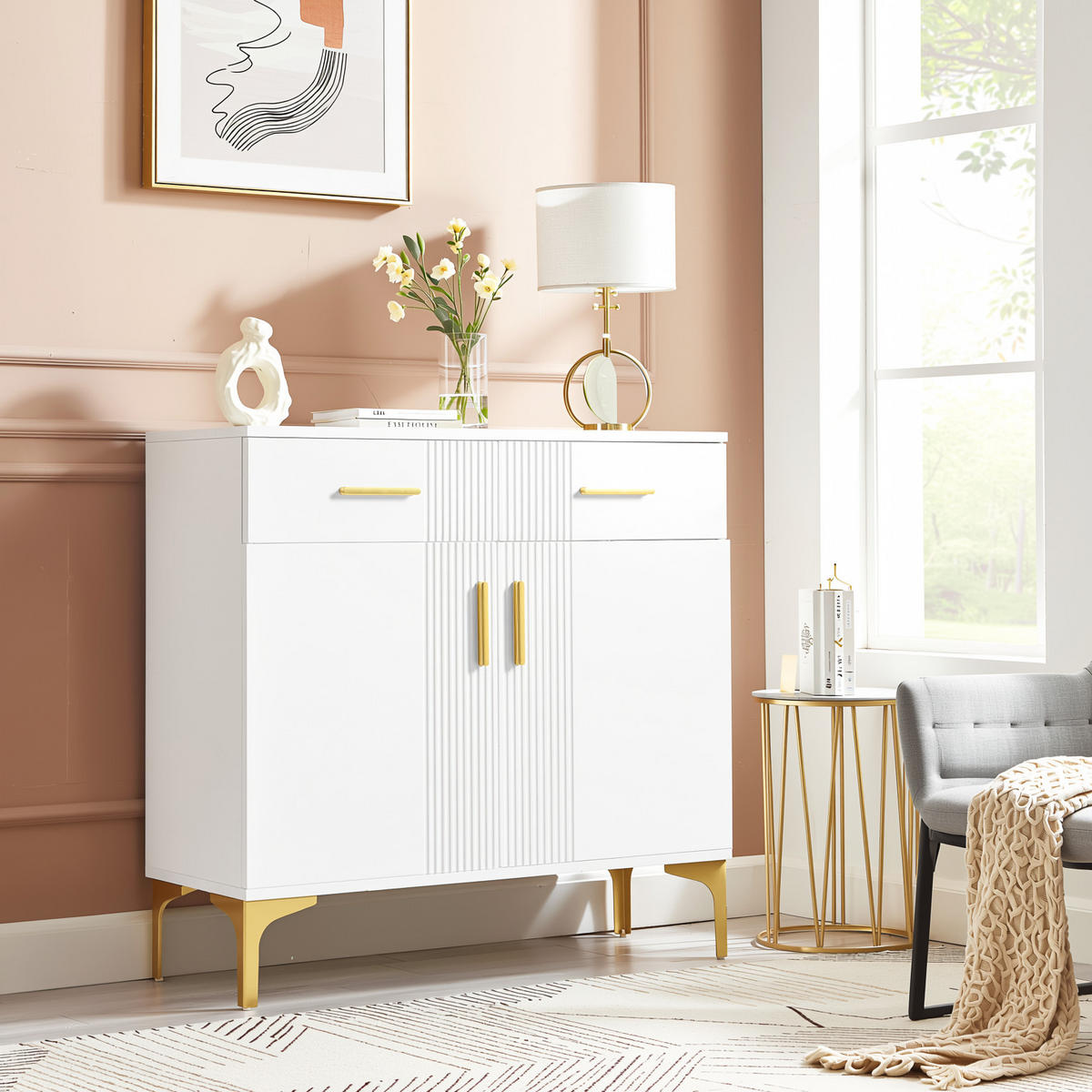 SIDEBOARD 80 cm Weiß mit 2 Türen, 2 Schubladen und Metallfüßen für Flur & Wohnzimmer - Weiß, Holzwerkstoff (80/79.5/35cm) - Urban Meuble