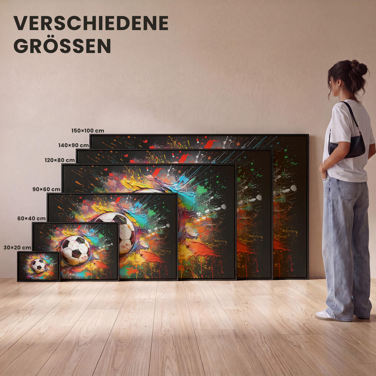 LEINWAND Bilder mit Rahmen - Fußball - Farbe - Farben - Schwarz - Weiß - 150x100 - Weiß, Textil (150/100cm) - MuchoWow